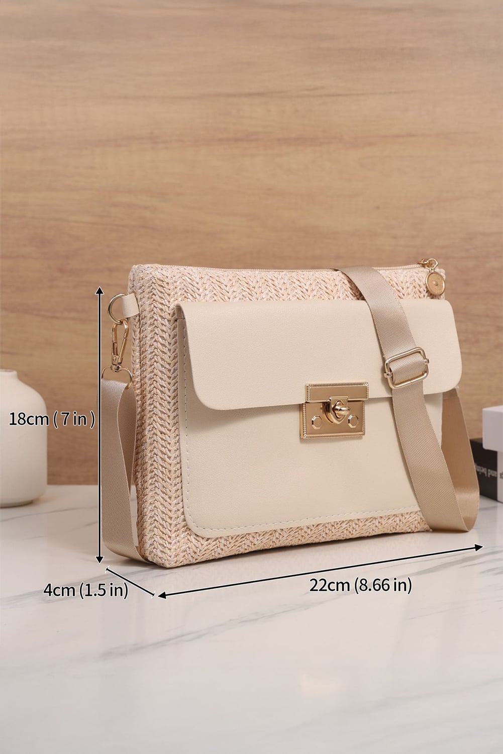Beige Leather Pocket Patchwork Straw Woven Shoulder Bag