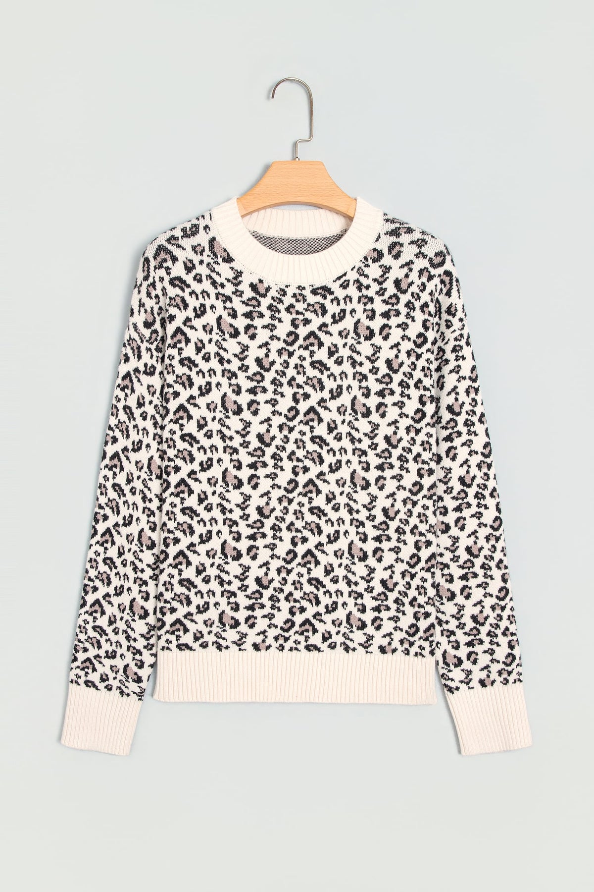 Beige Leopard Print Ribbed Color Block Trim Pullover Sweater