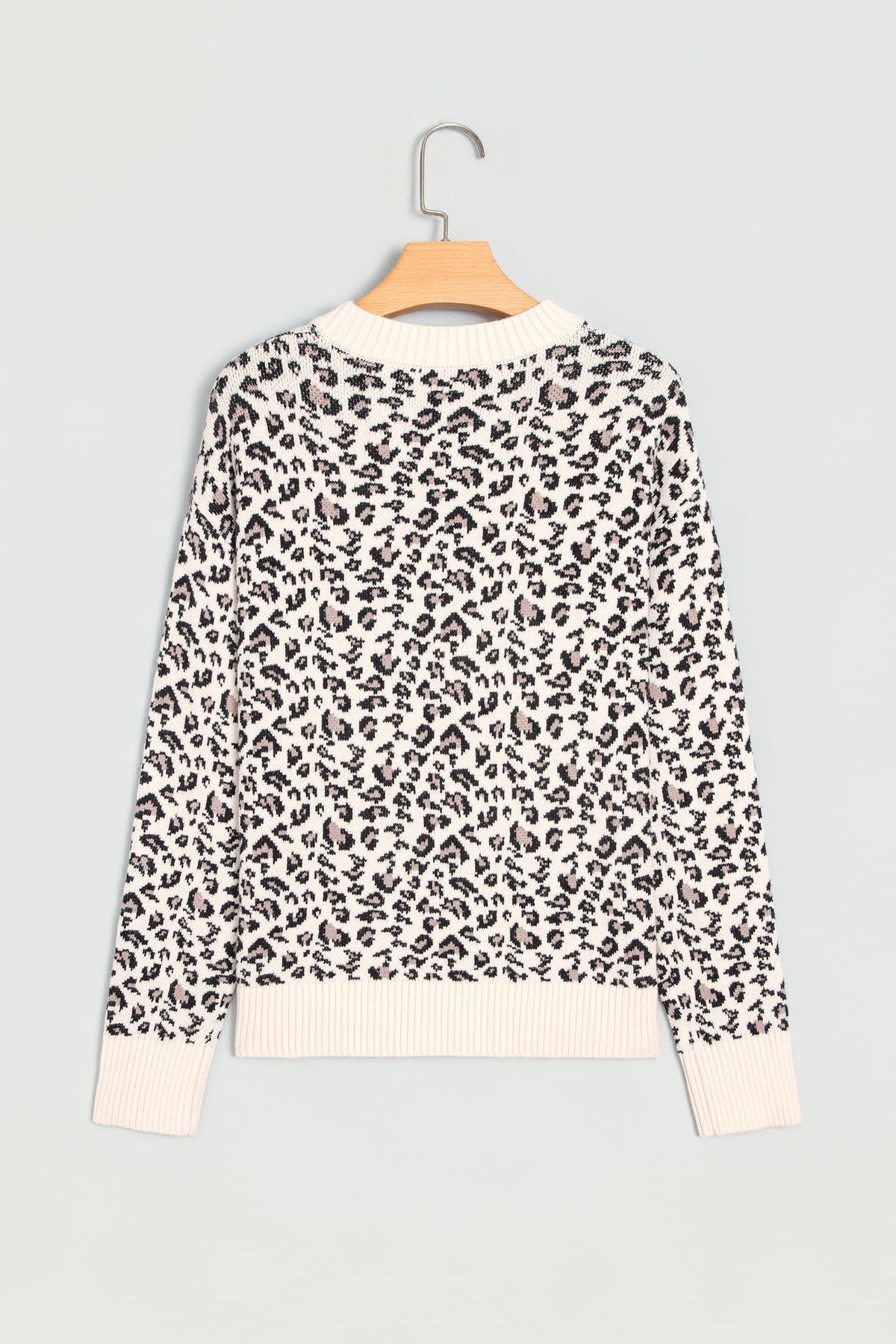 Beige Leopard Print Ribbed Color Block Trim Pullover Sweater