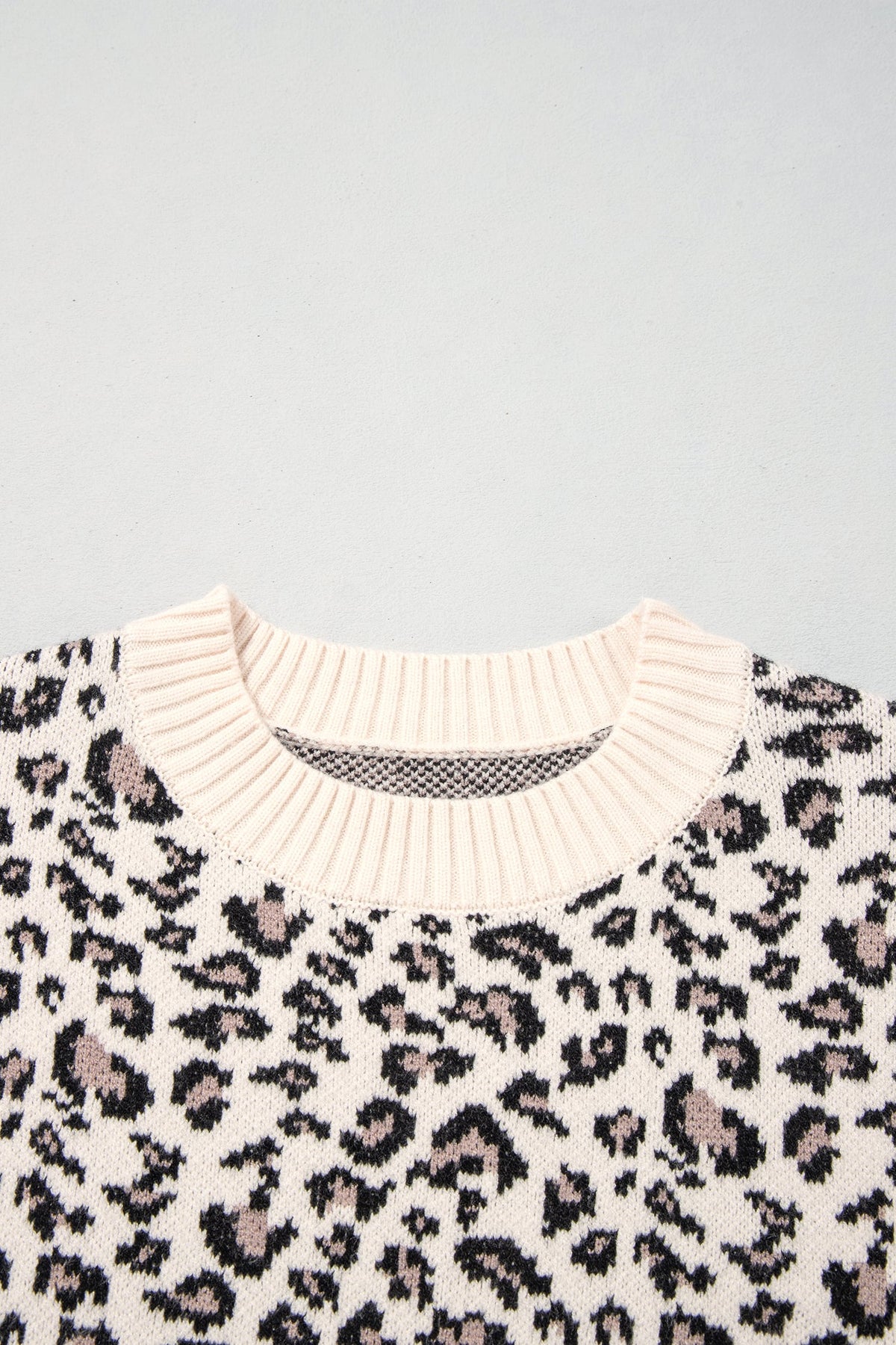 Beige Leopard Print Ribbed Color Block Trim Pullover Sweater