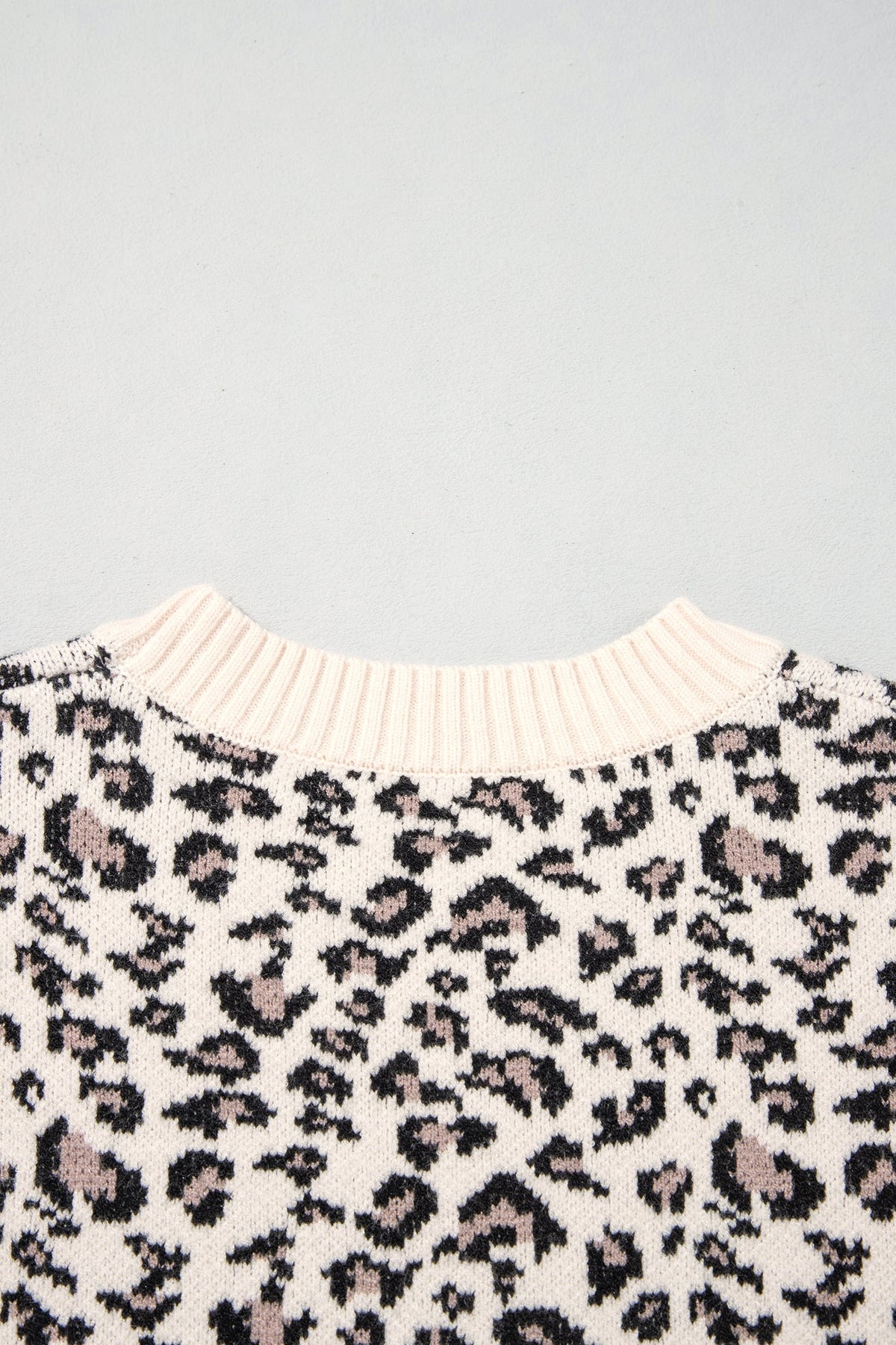 Beige Leopard Print Ribbed Color Block Trim Pullover Sweater