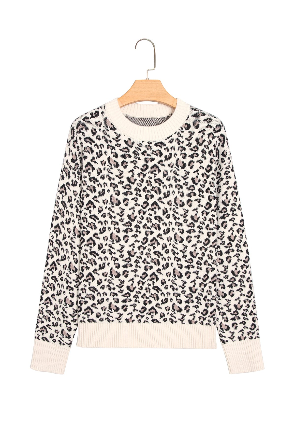 Beige Leopard Print Ribbed Color Block Trim Pullover Sweater