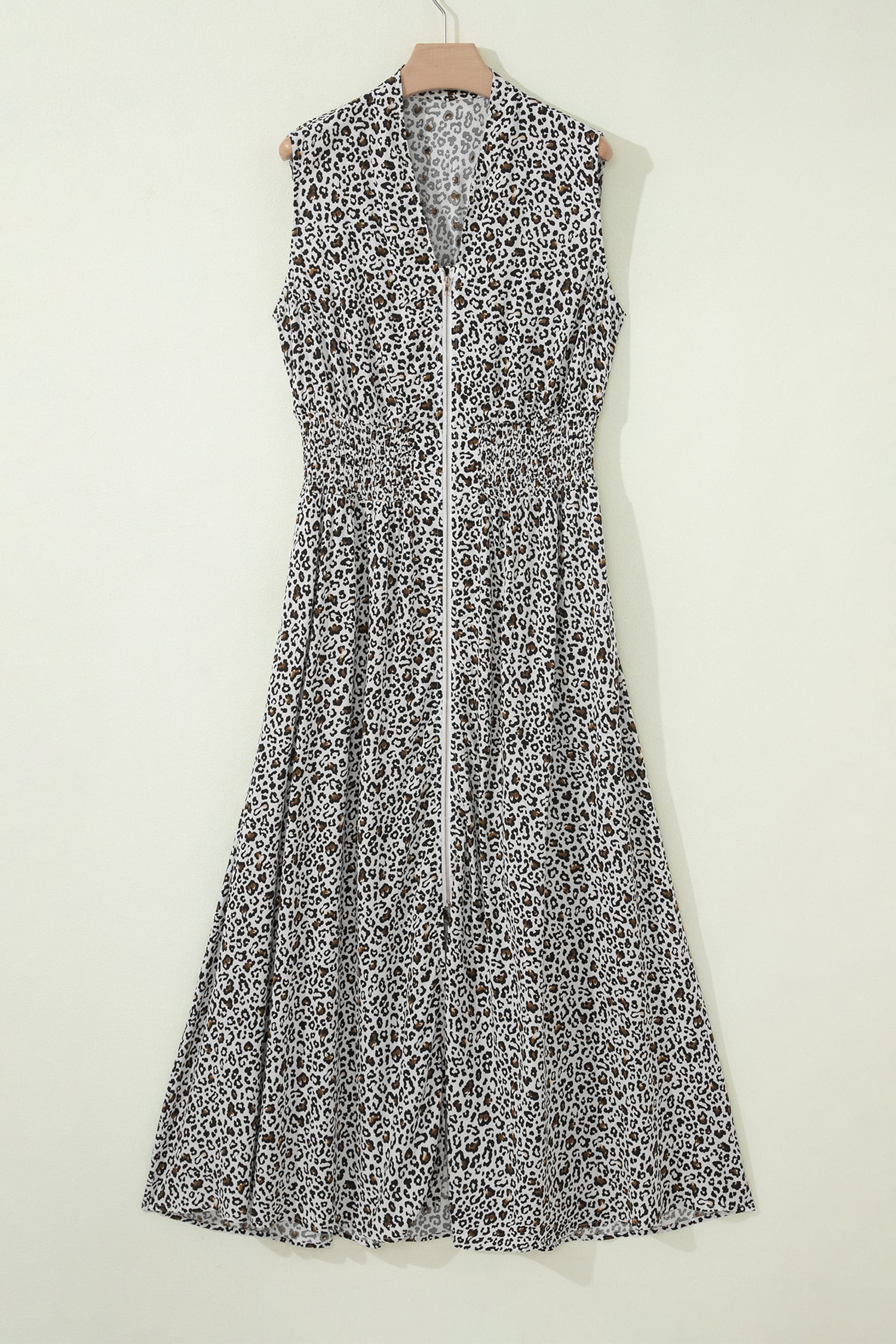 Beige Leopard Zip Front V Neck Cinched Waist Sleeveless Maxi Dress