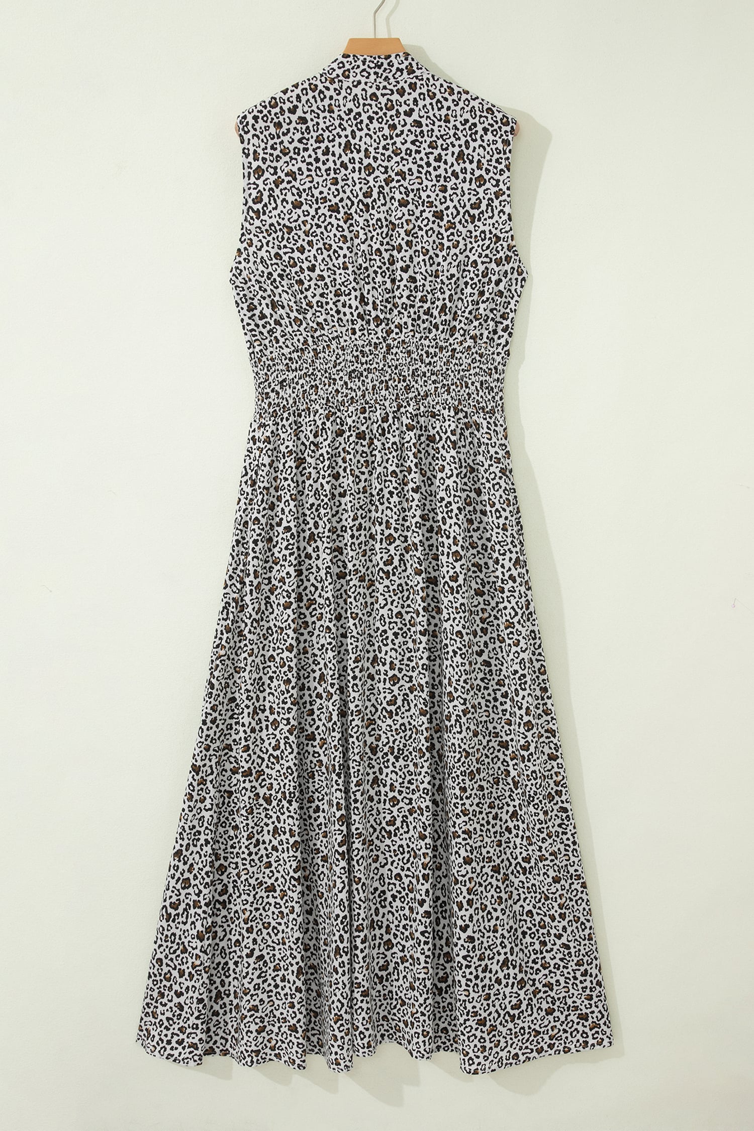 Beige Leopard Zip Front V Neck Cinched Waist Sleeveless Maxi Dress