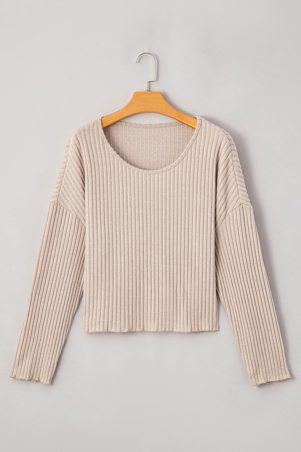 Beige Lettuce Cuffs Drop Shoulder Loose Ribbed Knit Top