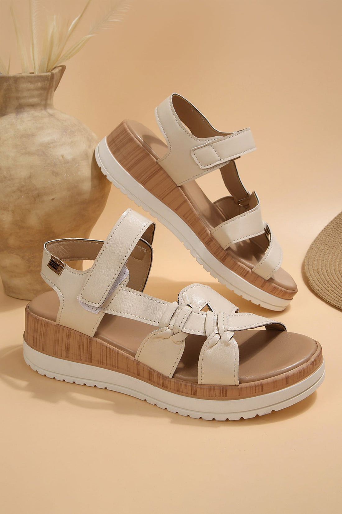 Beige Low Cut PU Leather Slip-on TPR Sole Casual Sandals