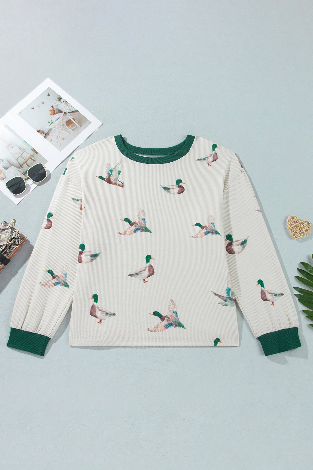 Beige Mallard Duck Print Plus Size Twisted Ribbed Top