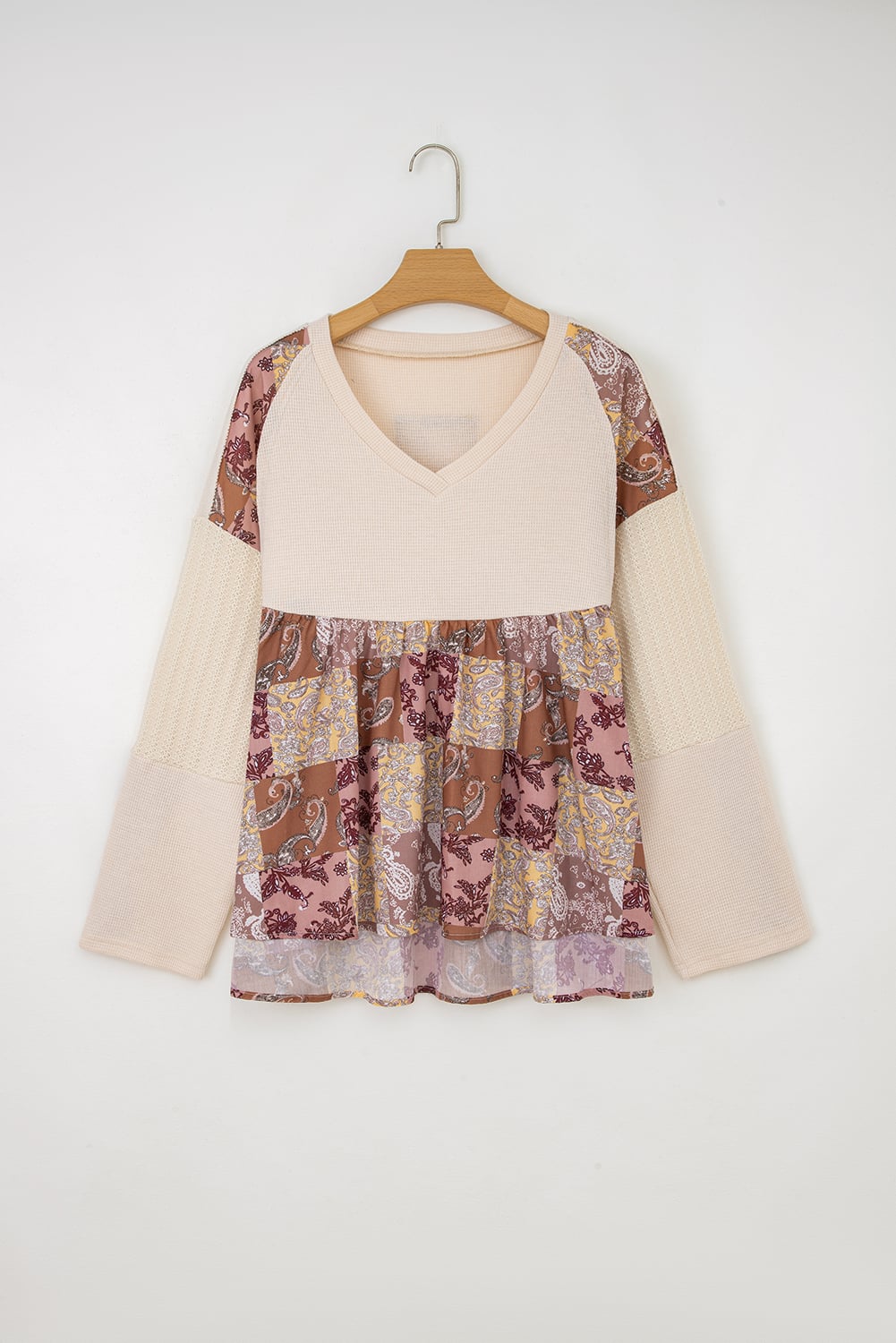 Beige Paisley Ethnic Print Contrast Patchwork Long Sleeve Loose Top