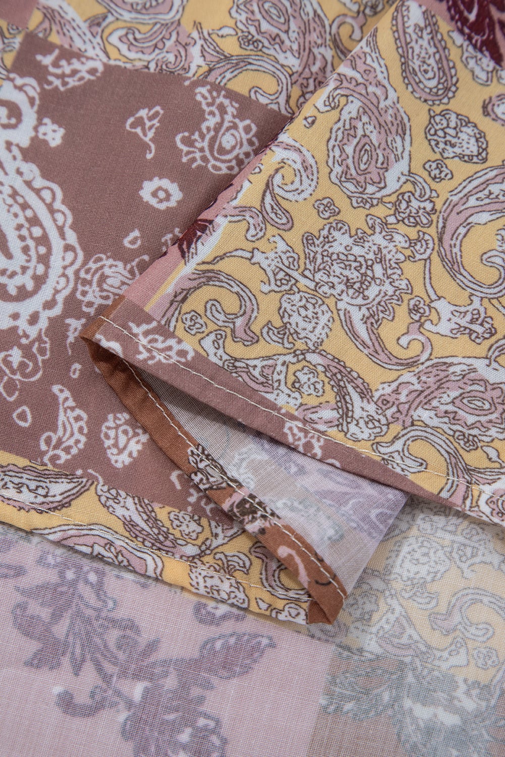 Beige Paisley Ethnic Print Contrast Patchwork Long Sleeve Loose Top