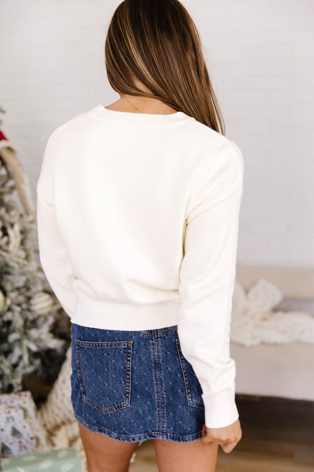 Beige Pixel Snowflake Reindeer Christmas Round Neck Casual Sweater