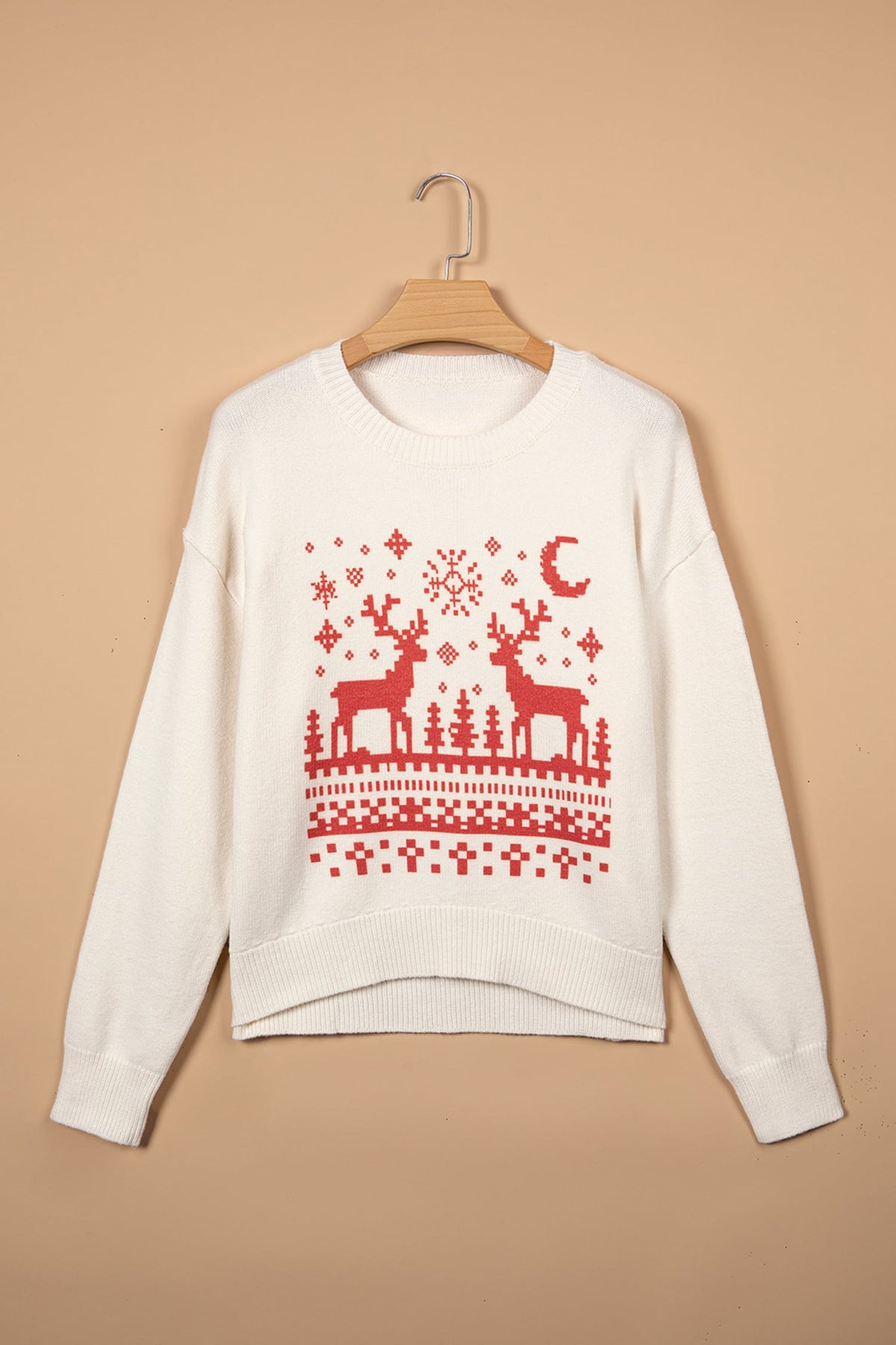 Beige Pixel Snowflake Reindeer Christmas Round Neck Casual Sweater