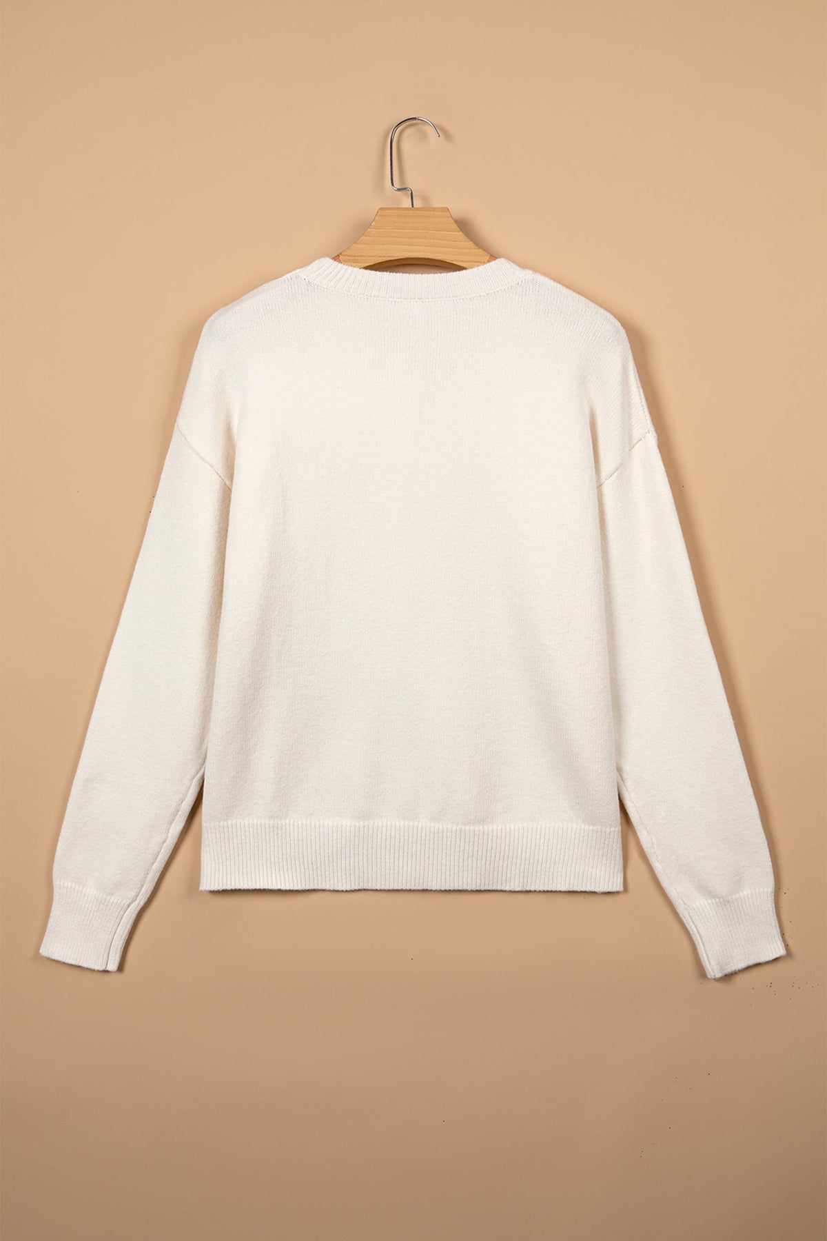 Beige Pixel Snowflake Reindeer Christmas Round Neck Casual Sweater
