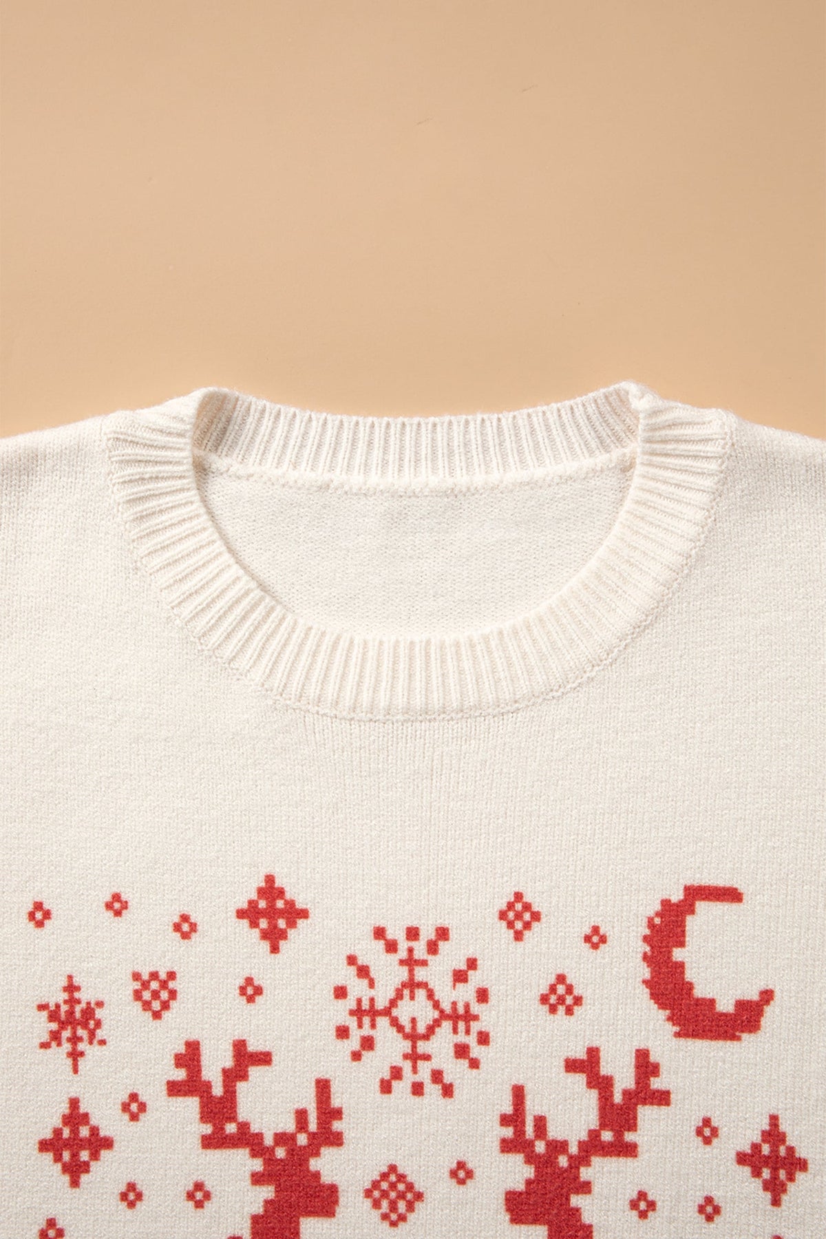 Beige Pixel Snowflake Reindeer Christmas Round Neck Casual Sweater