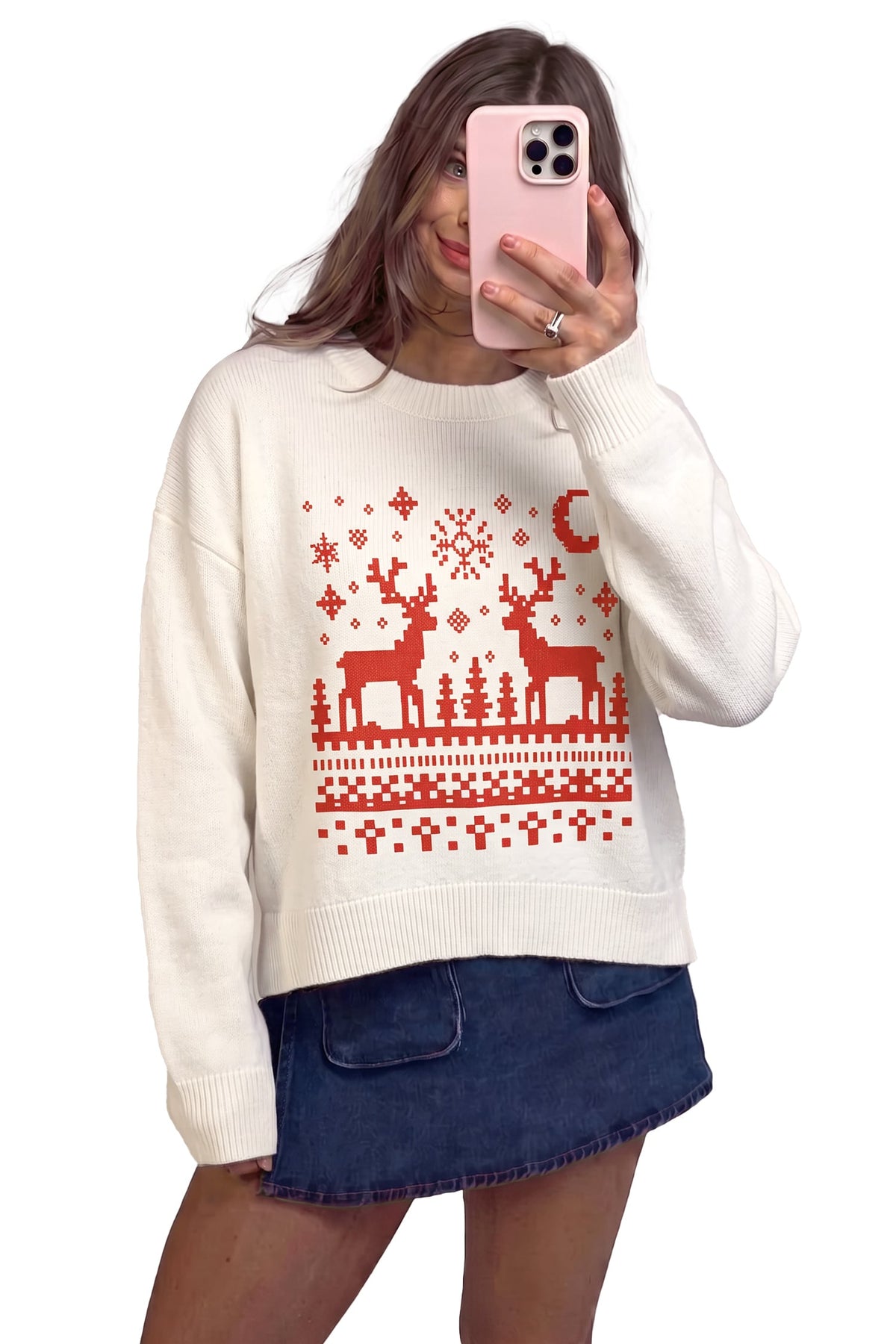 Beige Pixel Snowflake Reindeer Christmas Round Neck Casual Sweater
