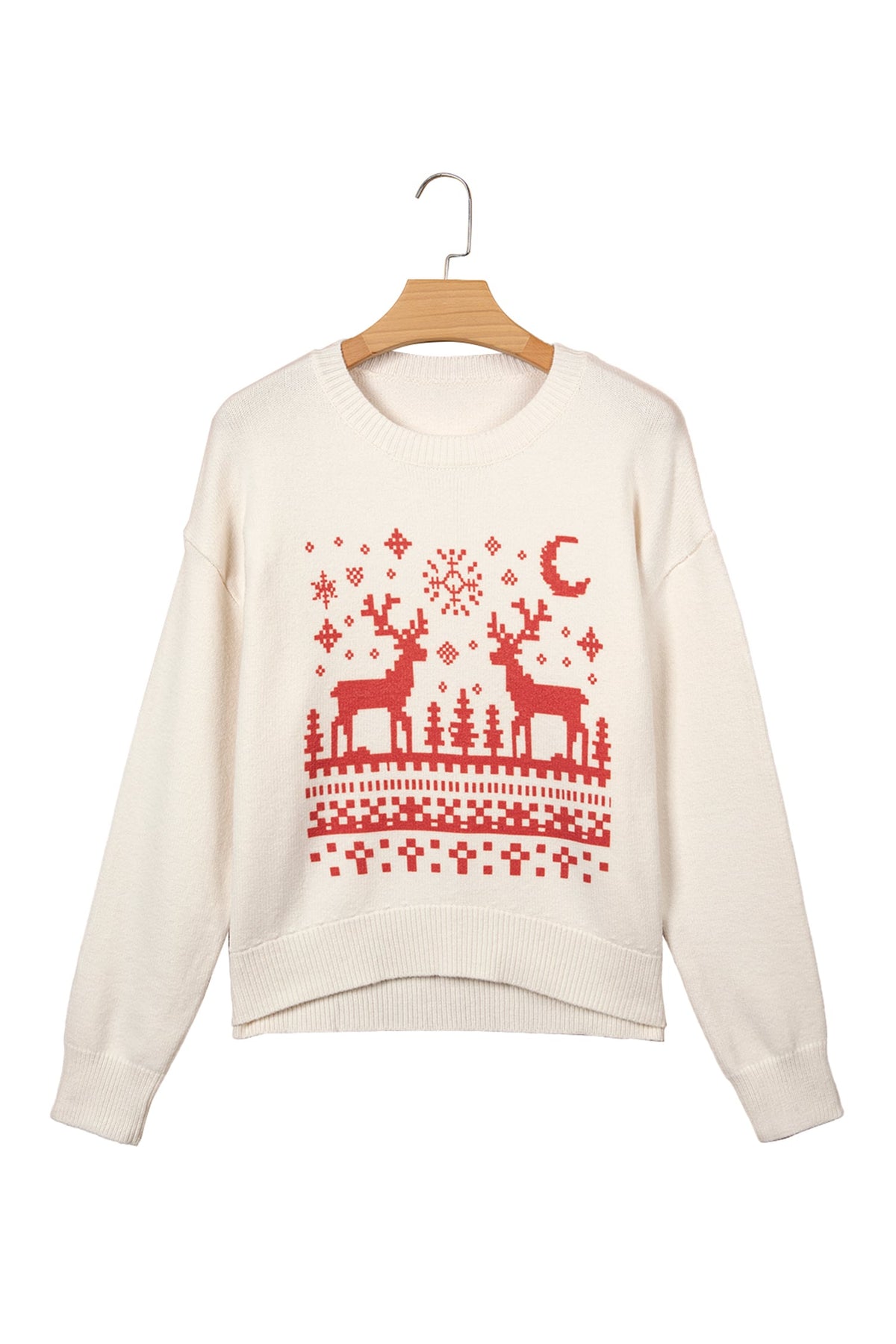 Beige Pixel Snowflake Reindeer Christmas Round Neck Casual Sweater