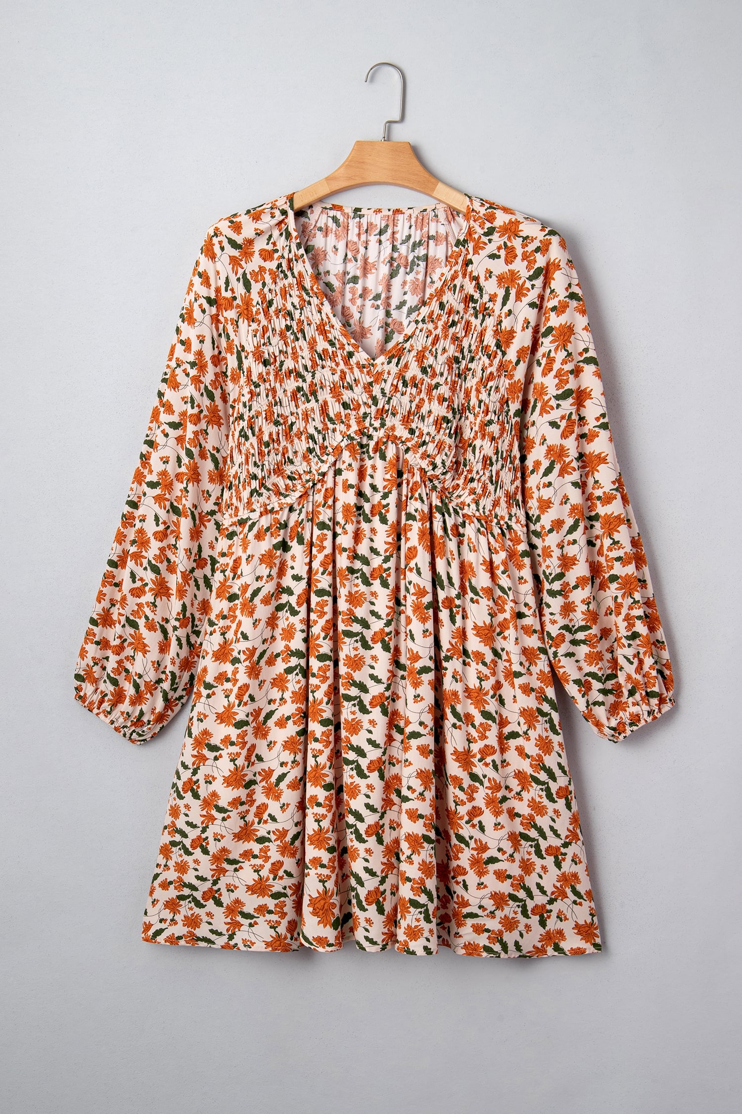 Beige Plus Size Floral Print V Neck Long Sleeve Babydoll Short Dress