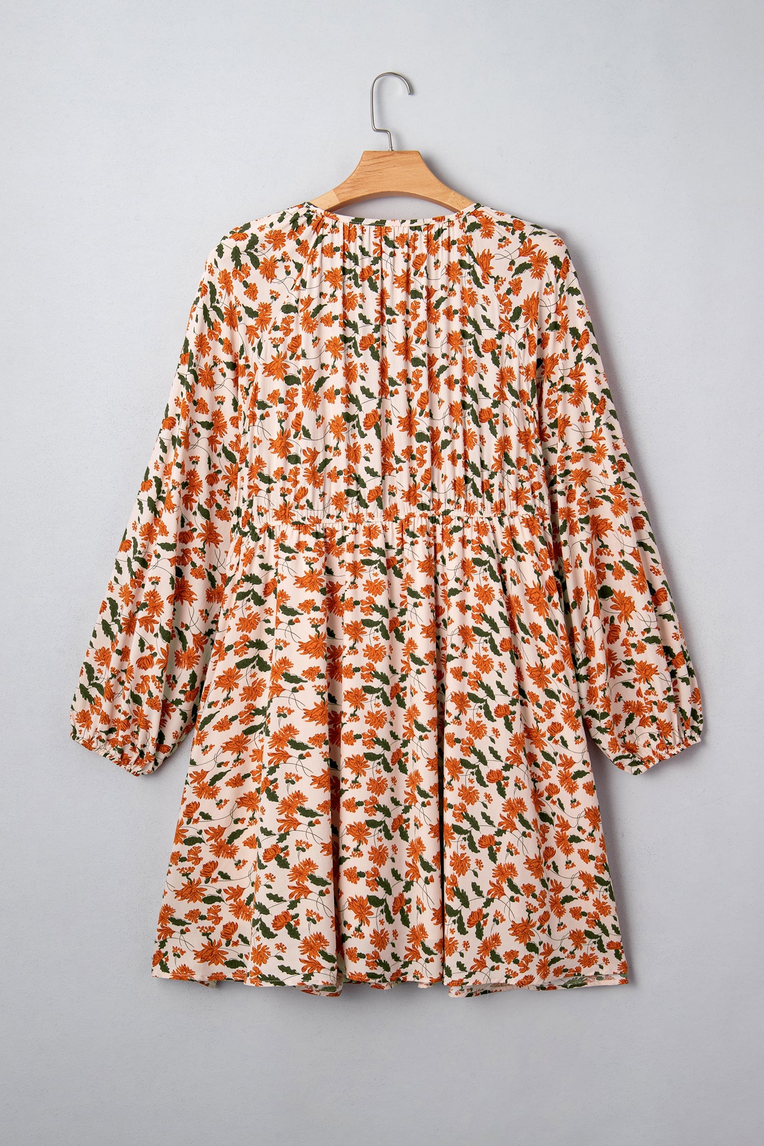 Beige Plus Size Floral Print V Neck Long Sleeve Babydoll Short Dress