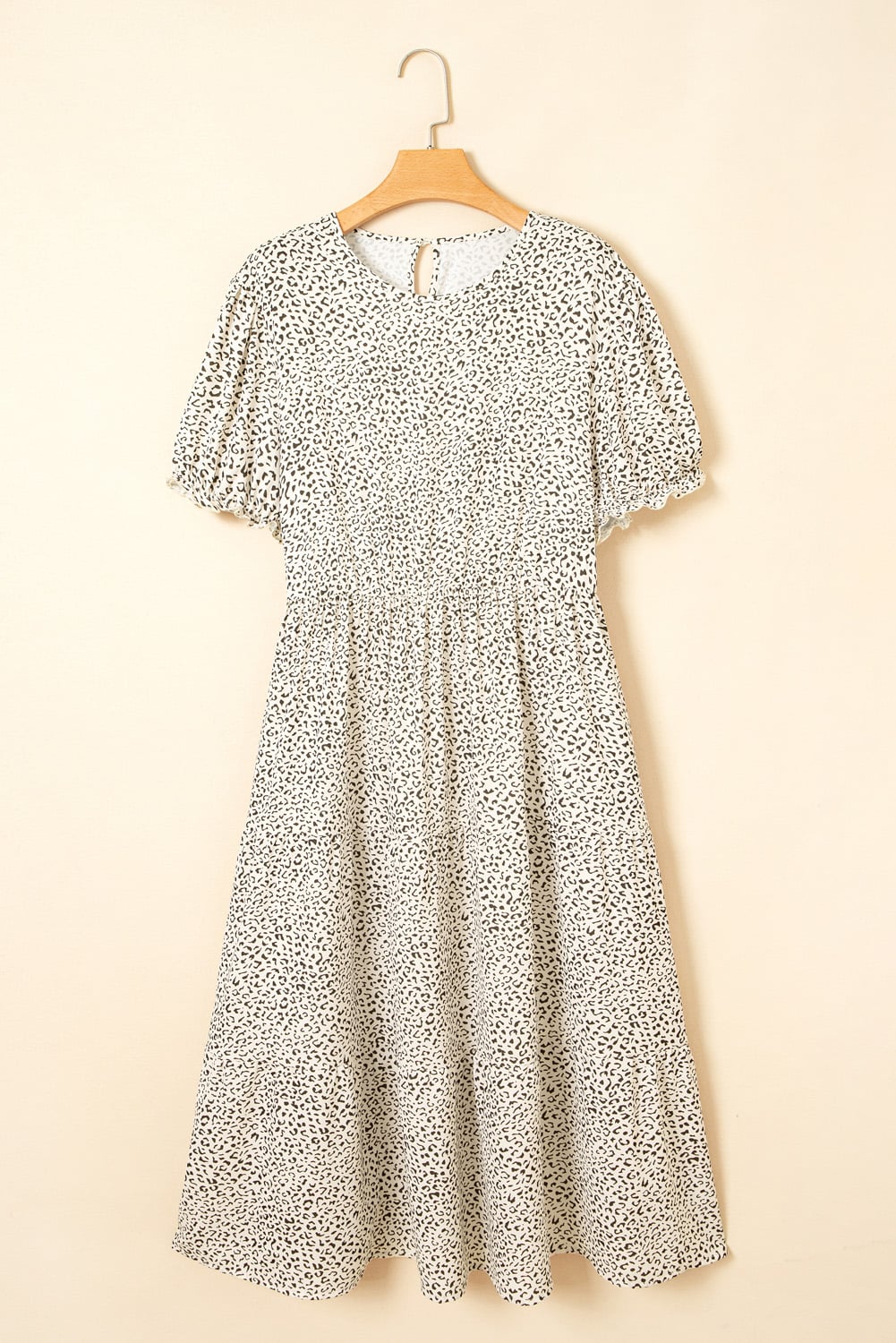Beige Plus Size Leopard Print Frill Trim Short Sleeve Flared Dress