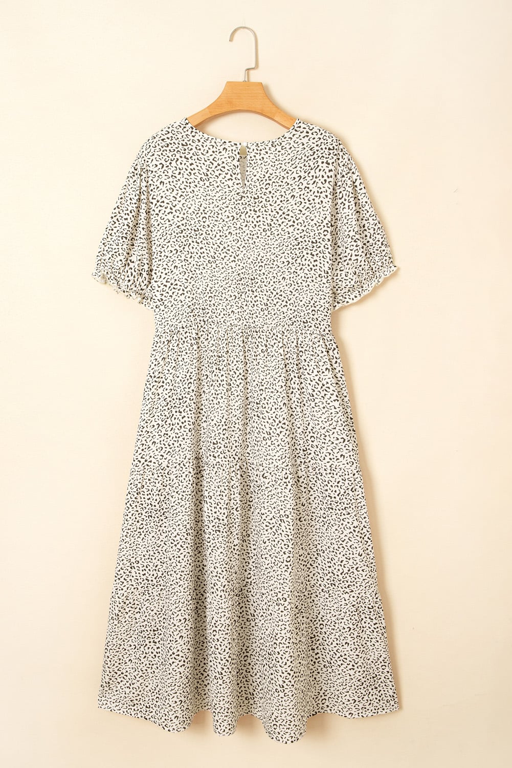 Beige Plus Size Leopard Print Frill Trim Short Sleeve Flared Dress