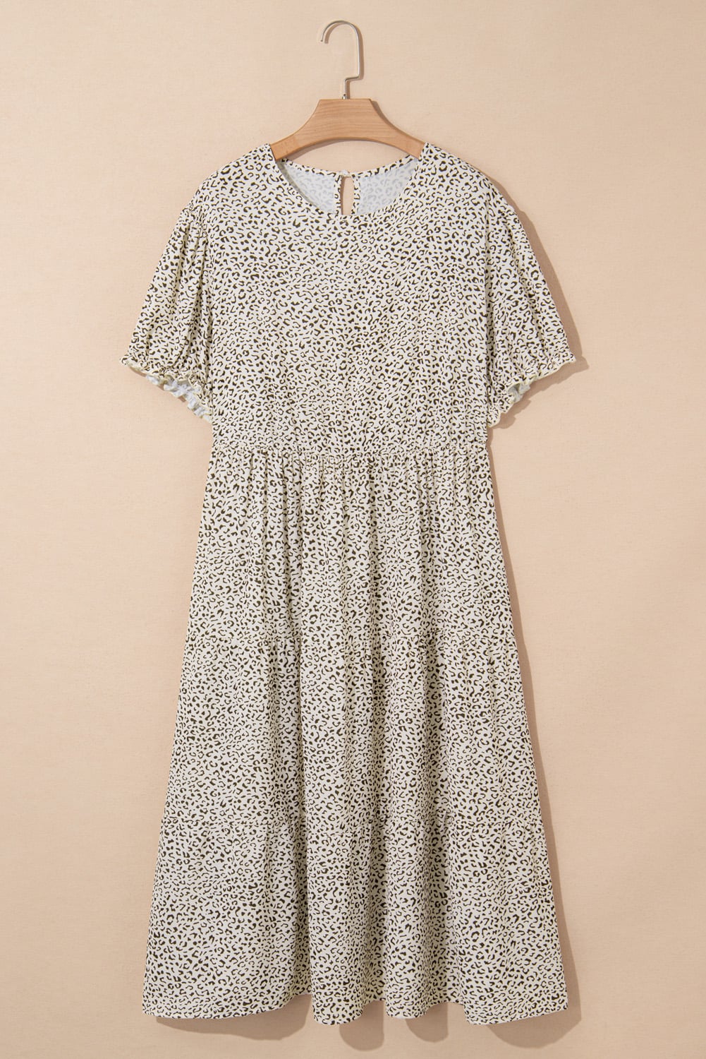 Beige Plus Size Leopard Print Frill Trim Short Sleeve Flared Dress