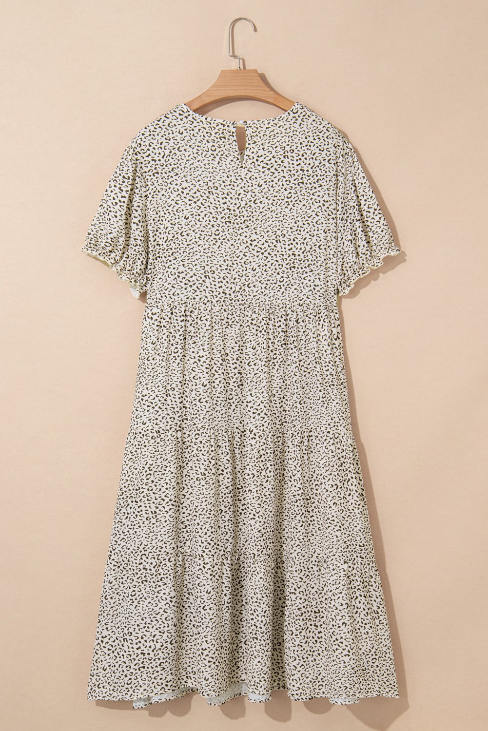 Beige Plus Size Leopard Print Frill Trim Short Sleeve Flared Dress