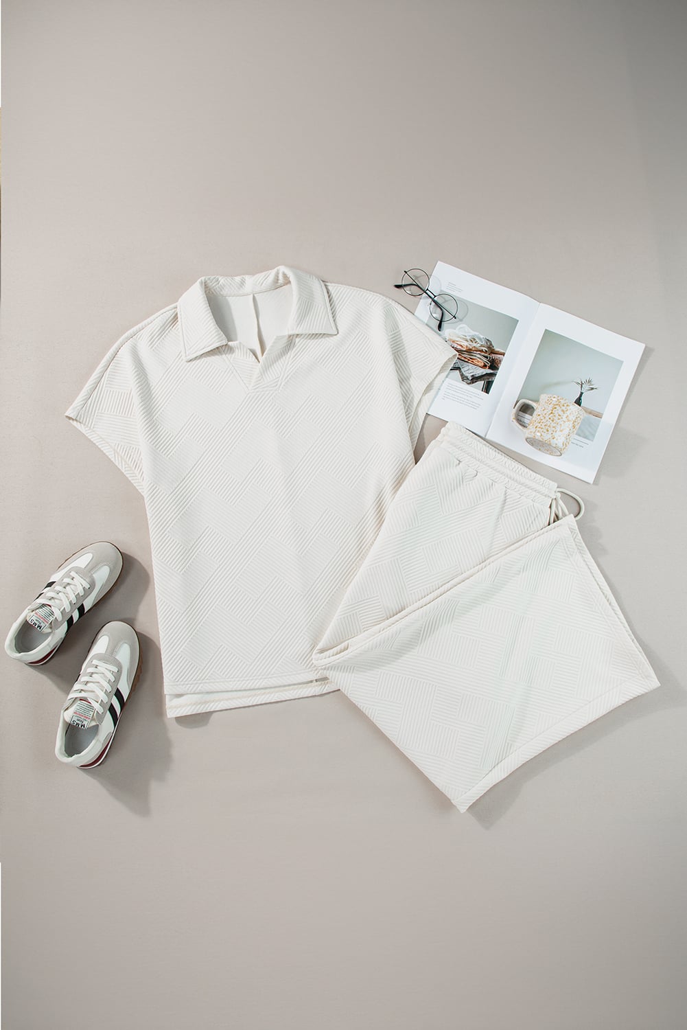 Beige Plus Size Textured Collared Top and Pants Set