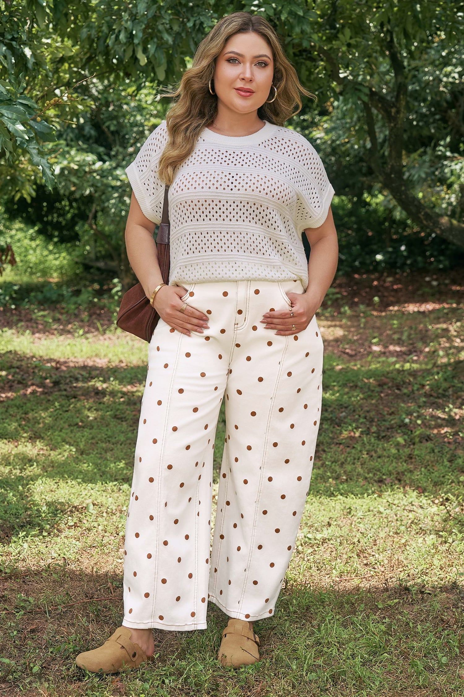 Beige Polka Dot Print Plus Size Barrel Jeans