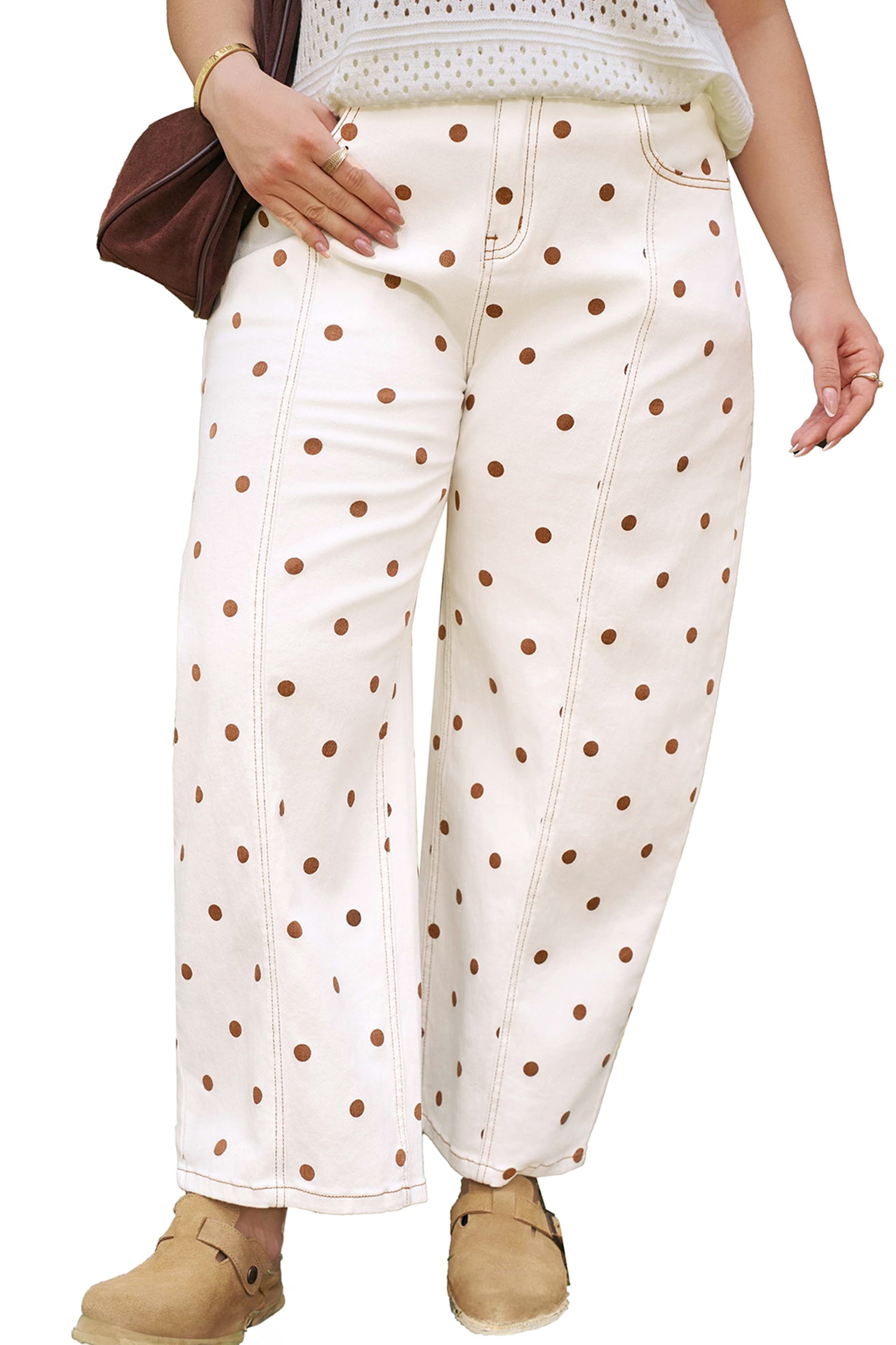 Beige Polka Dot Print Plus Size Barrel Jeans