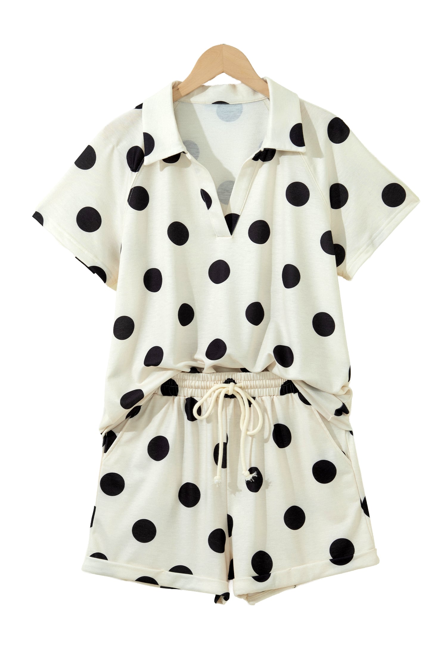 Beige Polka Dot Print V Neck Tee Short Set