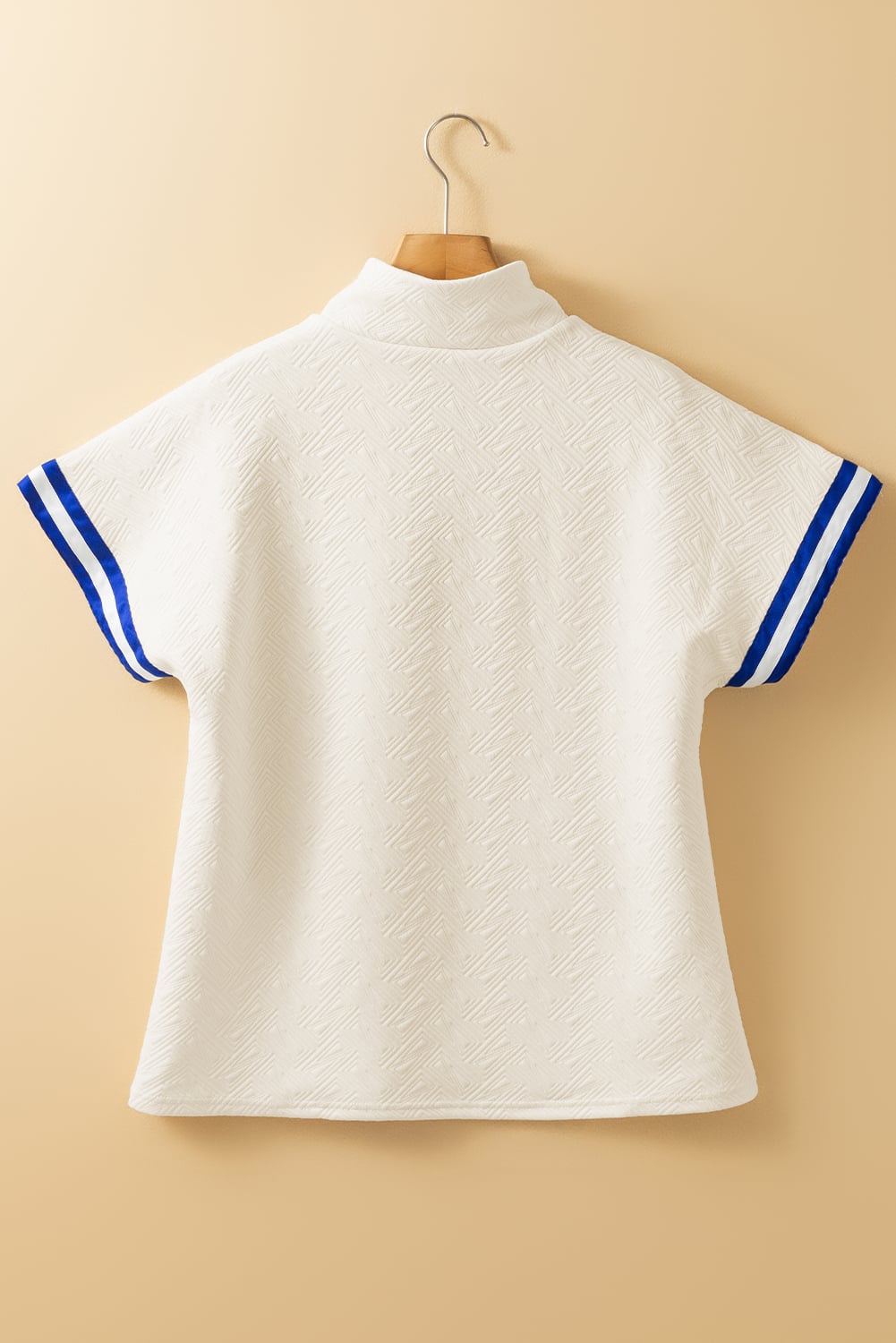 Beige Preppy Striped Trim Textured Quarter Zipper Colorblock Short Sleeve Top