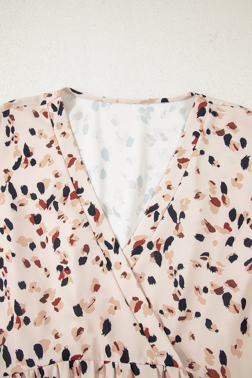 Beige Printed Surplice V Neck Cuffed Sleeve Empire Waist Plus Size Dress