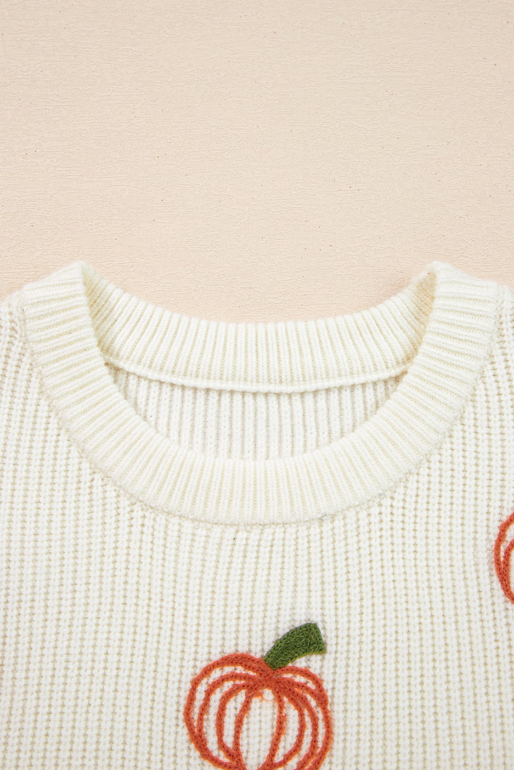 Beige Pumpkin Embroidered Ribbed Thanksgiving Halloween Holiday Sweater