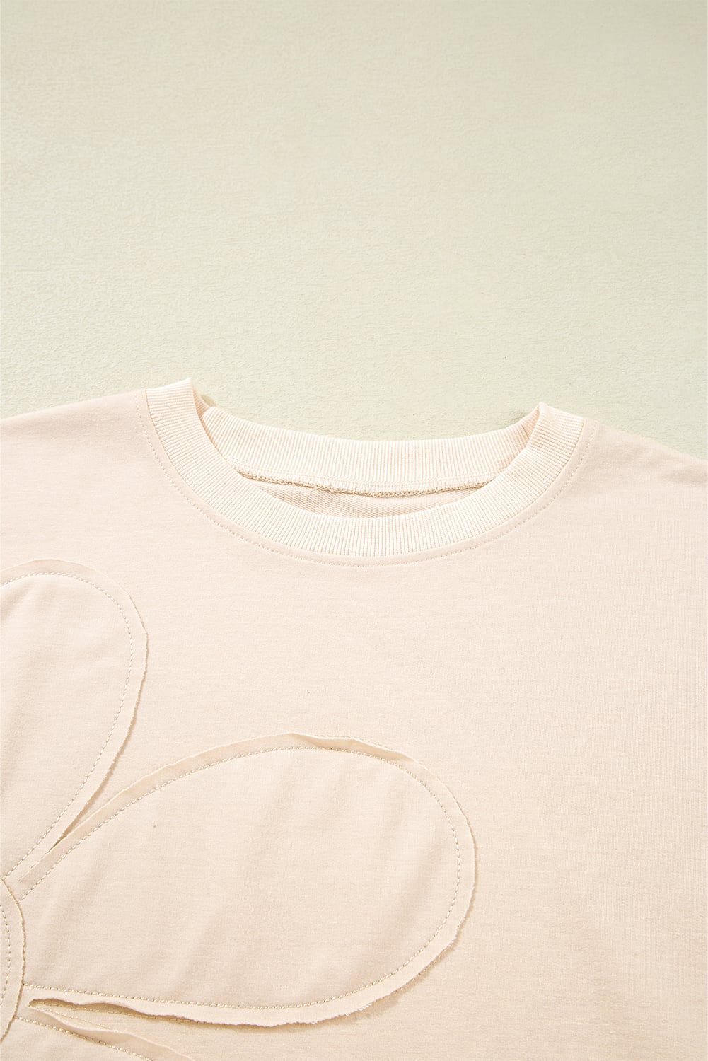 Beige Raw Edge Flower Patch Drop Shoulder Casual Top