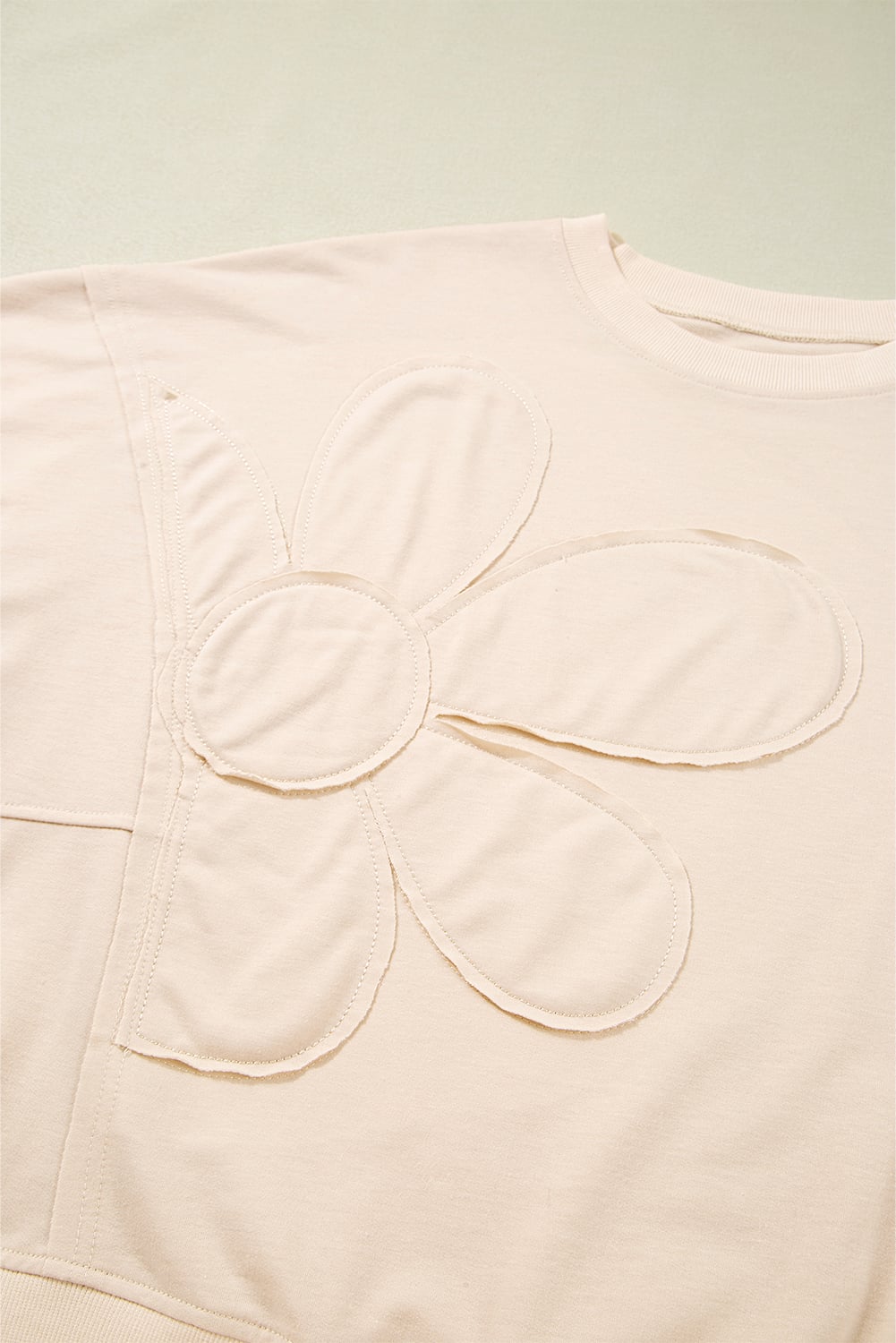 Beige Raw Edge Flower Patch Drop Shoulder Casual Top