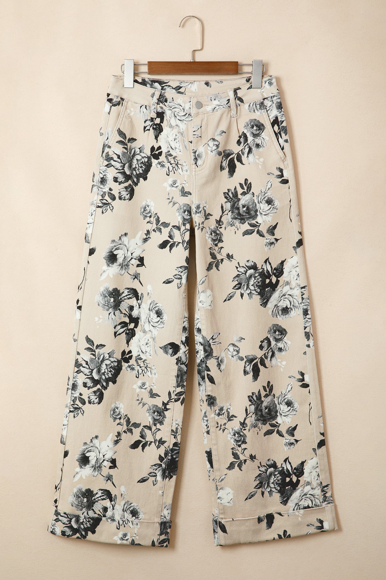 Beige Retro Floral Print Turn-up Cuffed Hem Loose Jeans