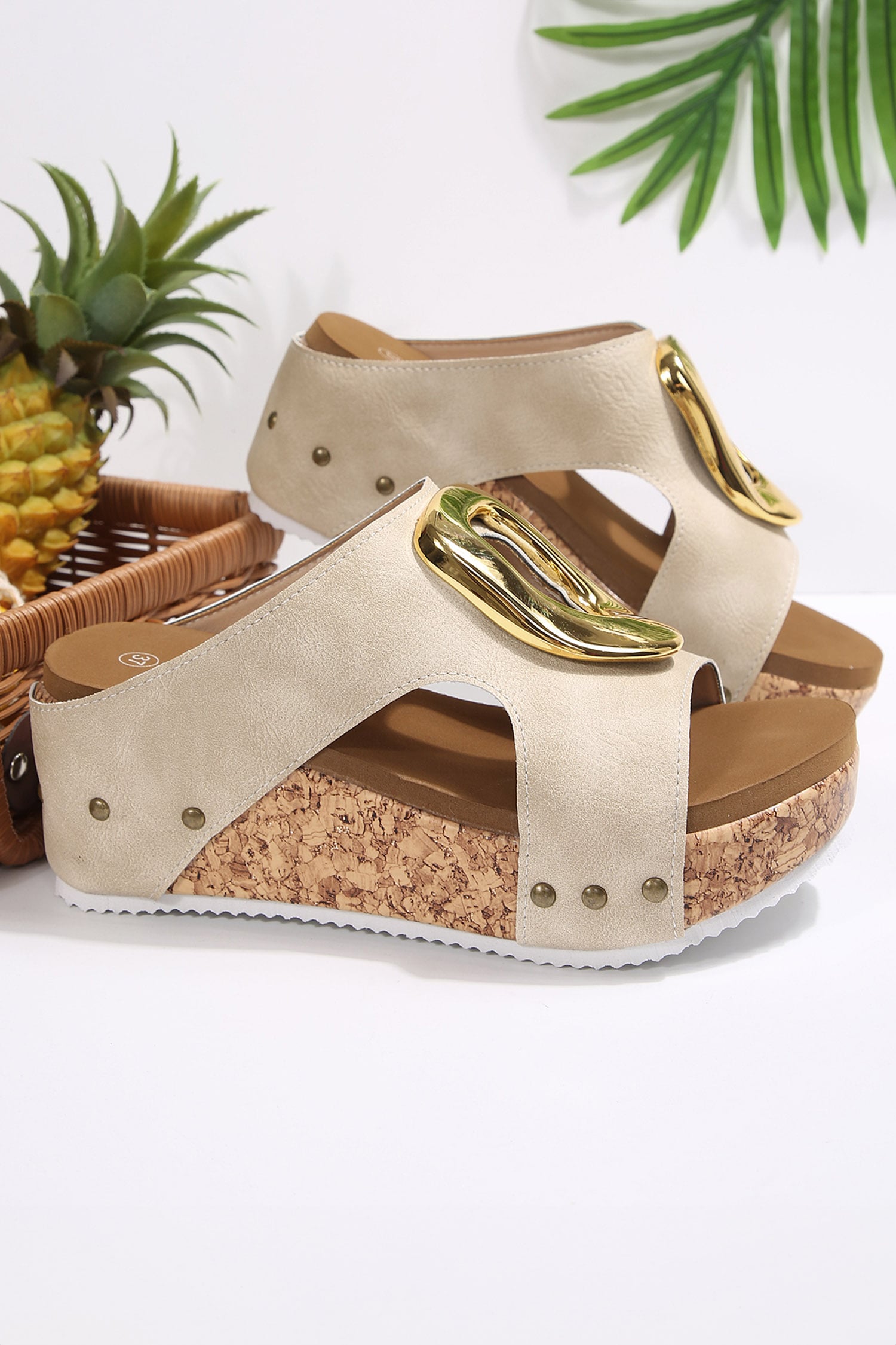 Beige Retro Suede Cutout Gold Buckle Detail Platform Wedge Slippers