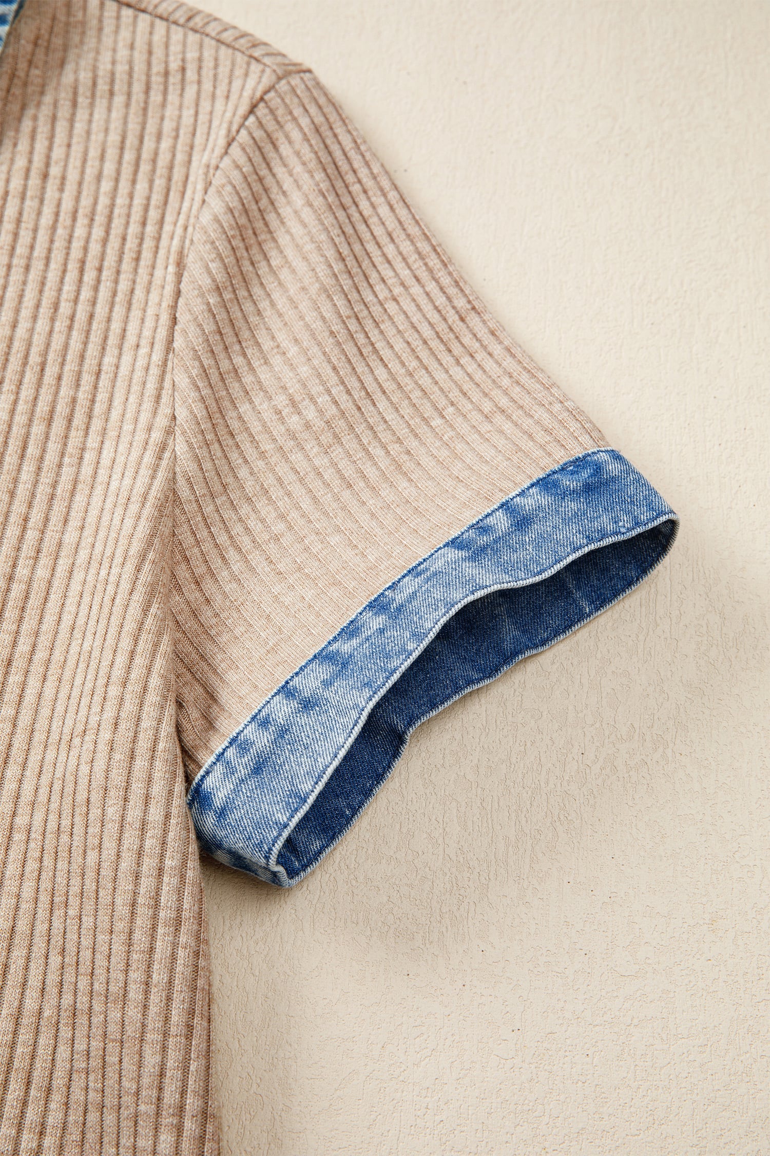 Beige Ribbed Knit Denim Color Block Patchwork Button Detail Collared Blouse