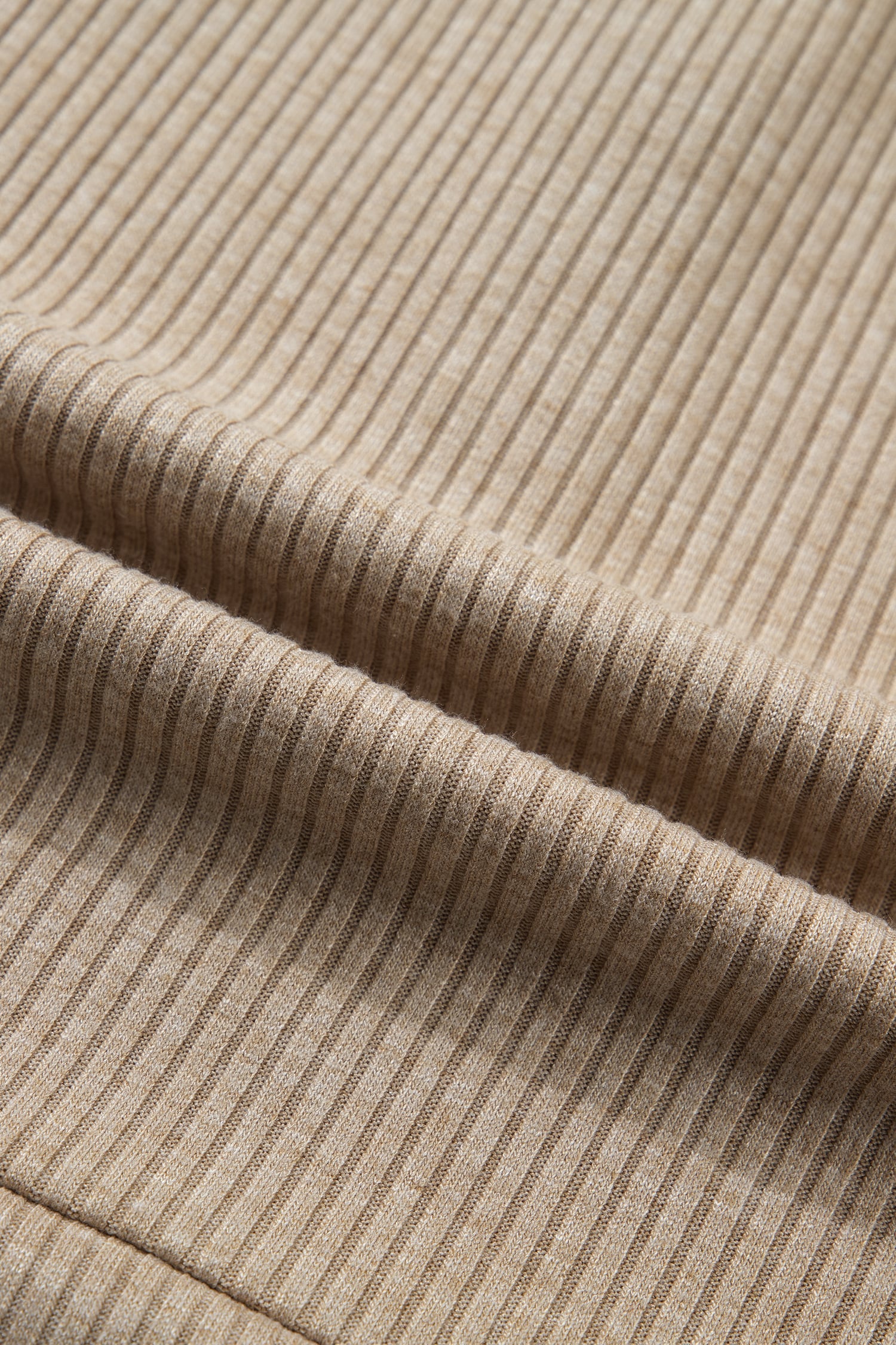 Beige Ribbed Knit Denim Patchwork Button Polo Collar Cuffed Long Sleeve Top