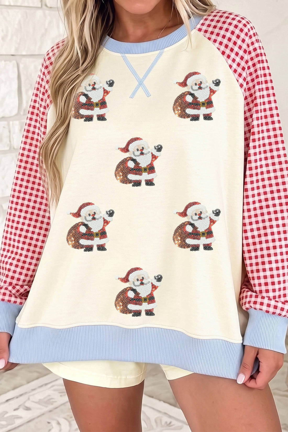 Beige Sequin Santa Plaid Sleeve Pullover Graphic Sweatshirt