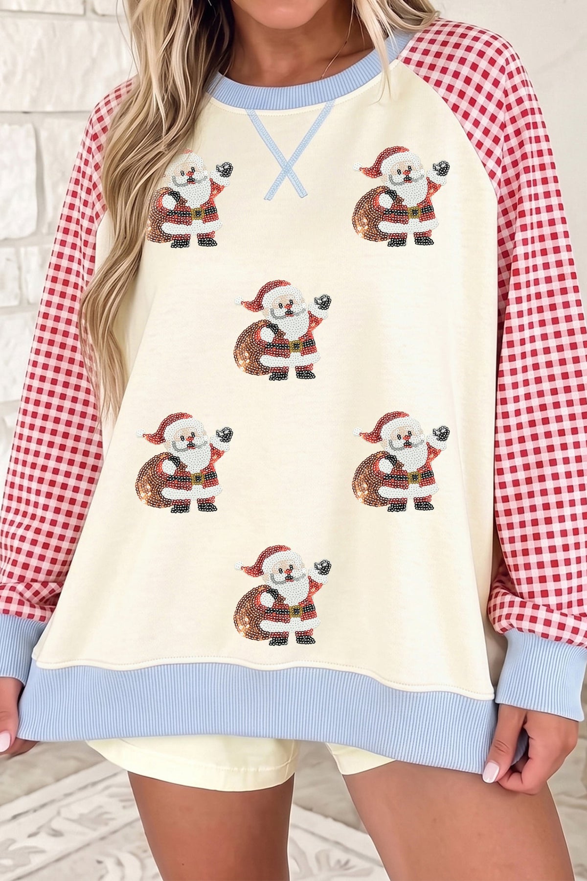 Beige Sequin Santa Plaid Sleeve Pullover Graphic Sweatshirt