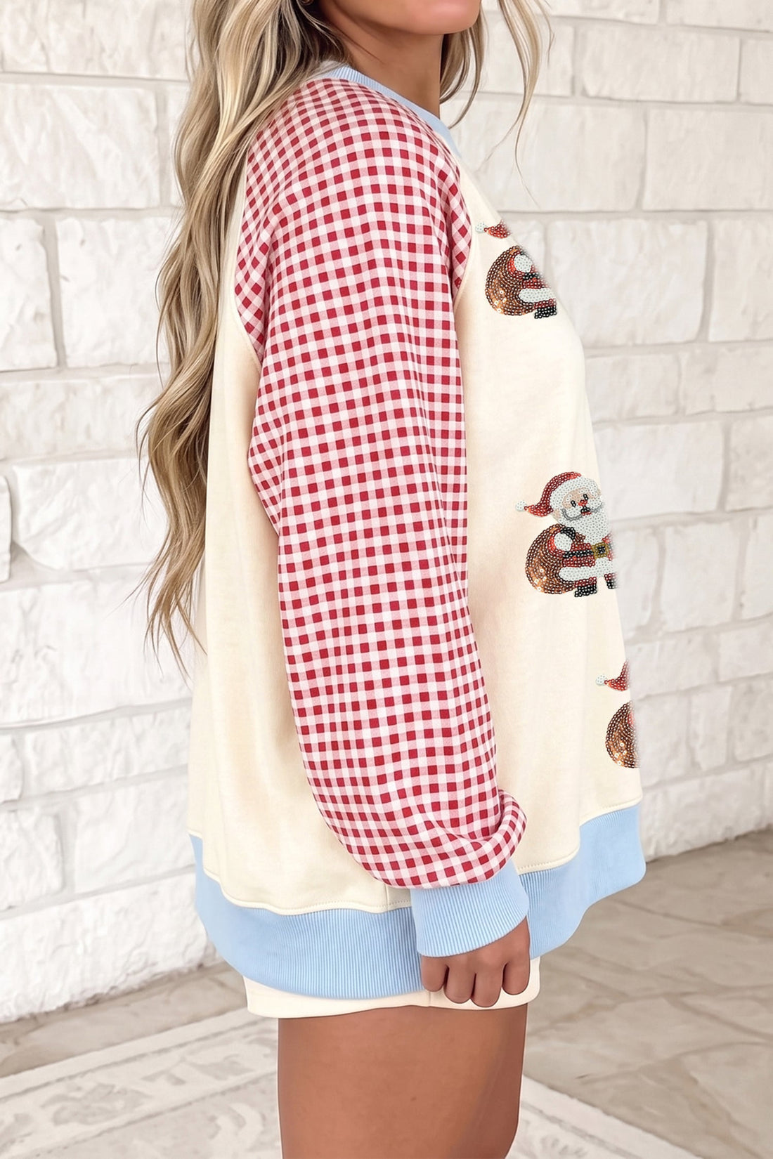 Beige Sequin Santa Plaid Sleeve Pullover Graphic Sweatshirt
