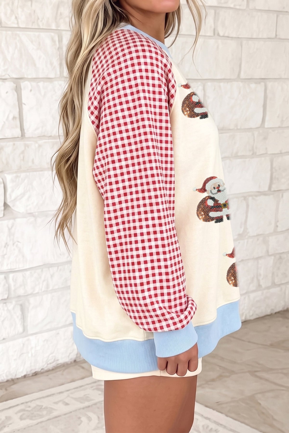 Beige Sequin Santa Plaid Sleeve Pullover Graphic Sweatshirt