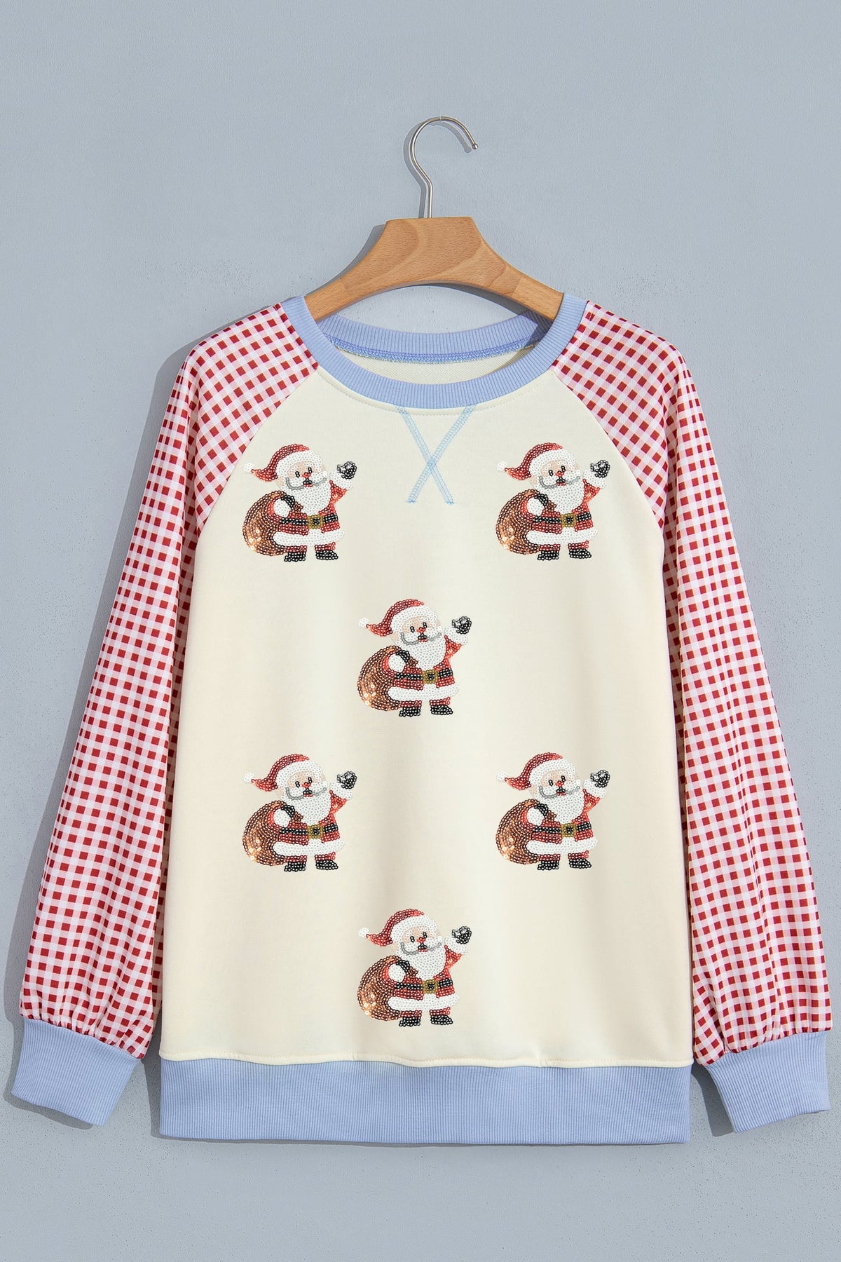 Beige Sequin Santa Plaid Sleeve Pullover Graphic Sweatshirt