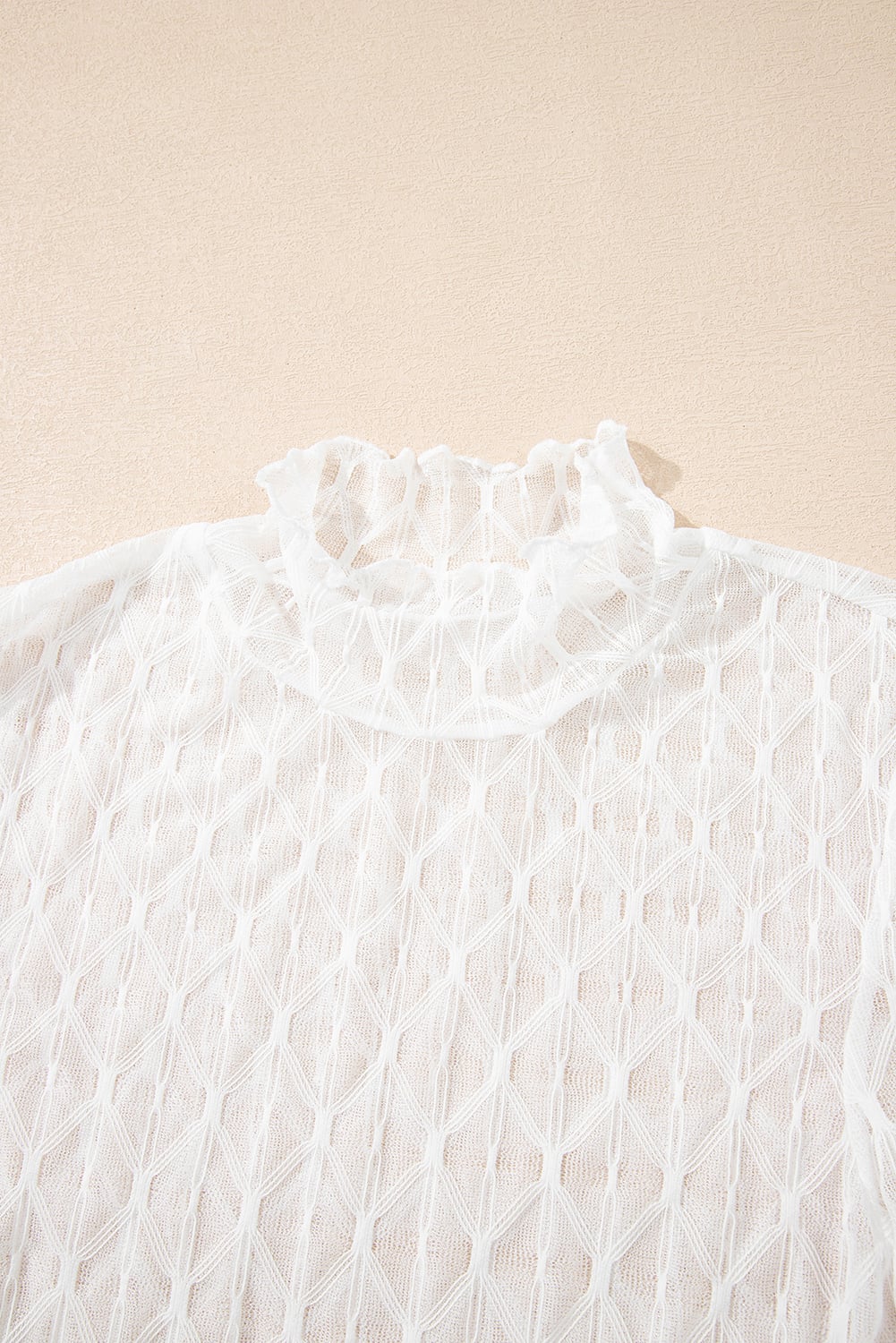 Beige Sheer Mesh Patterned Lettuce Trim Slim Long Sleeve Top