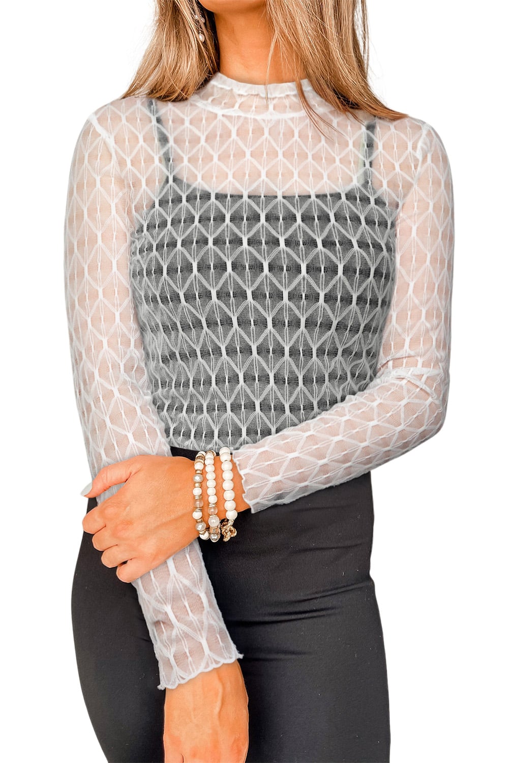 Beige Sheer Mesh Patterned Lettuce Trim Slim Long Sleeve Top