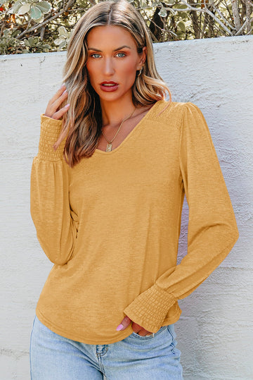 Beige Shirred Shoulder Frilled Cuffs Long Sleeve Top