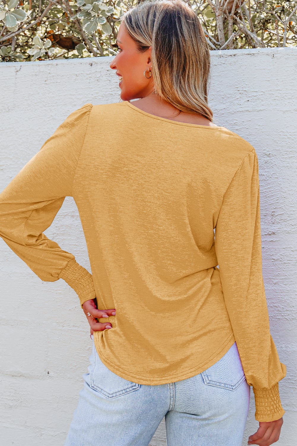 Beige Shirred Shoulder Frilled Cuffs Long Sleeve Top