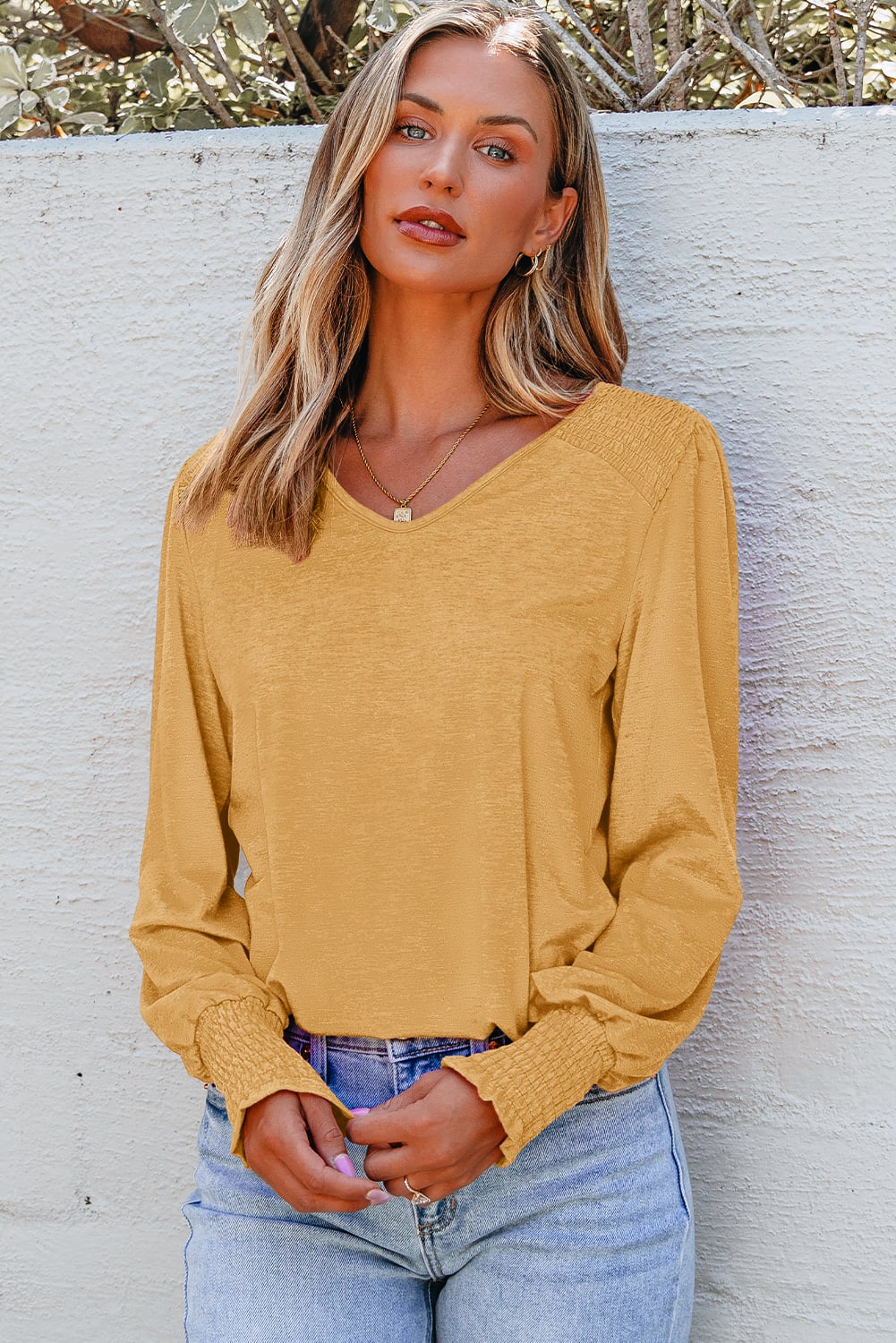 Beige Shirred Shoulder Frilled Cuffs Long Sleeve Top