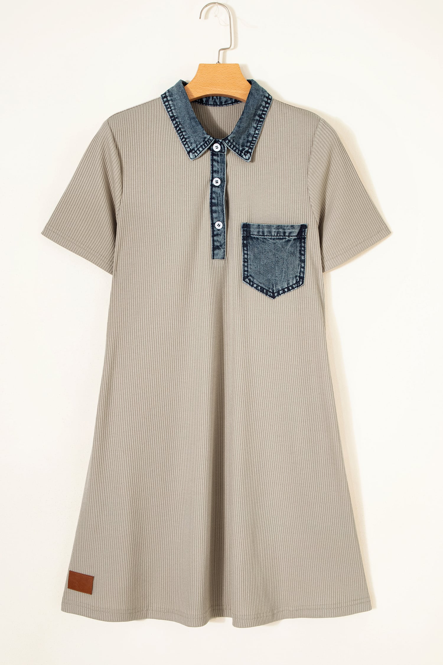 Beige Short Sleeve Ribbed Knit Denim Patchwork Polo Collar Dress