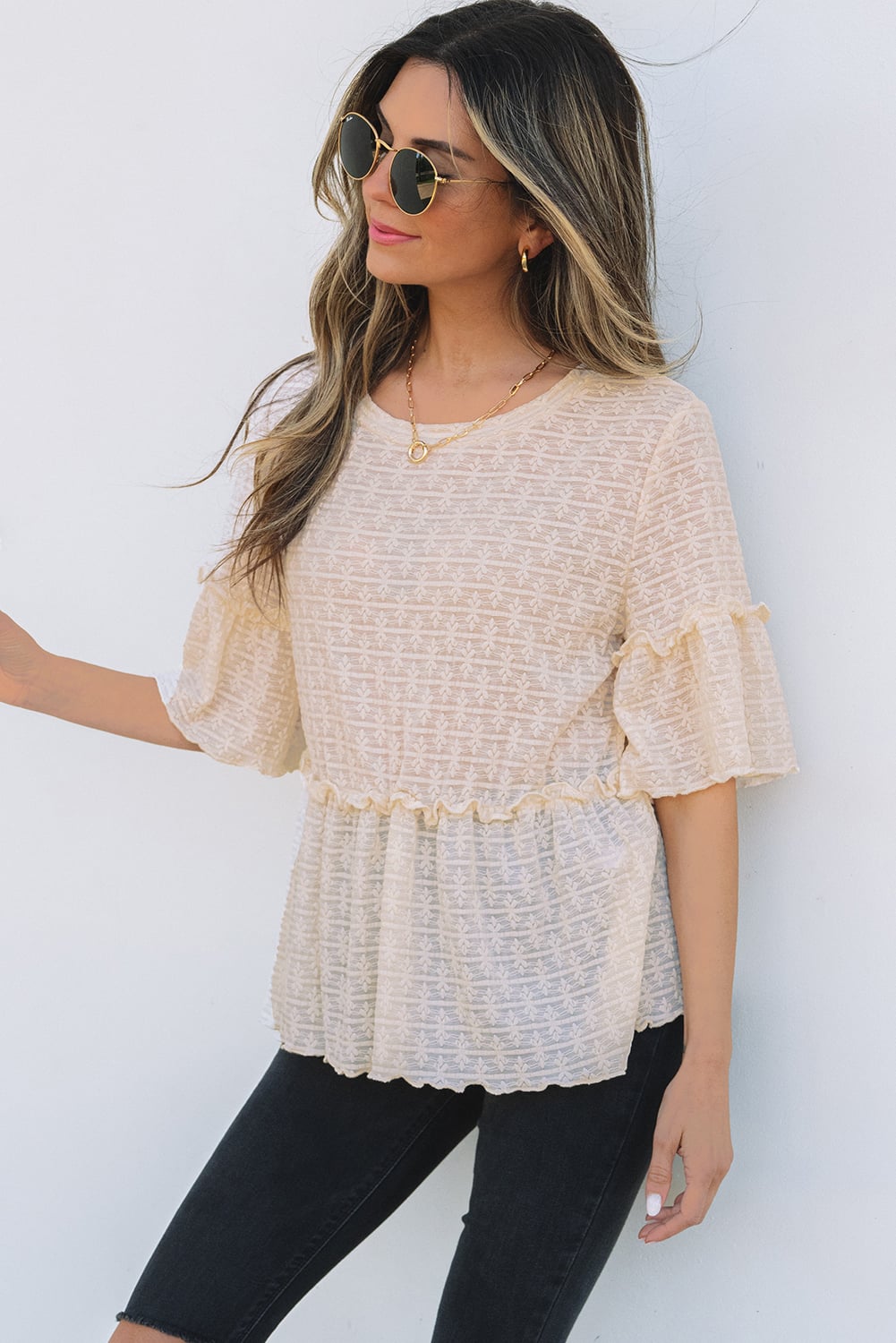 Beige Solid Color Textured Ruffled Short Sleeve Blouse